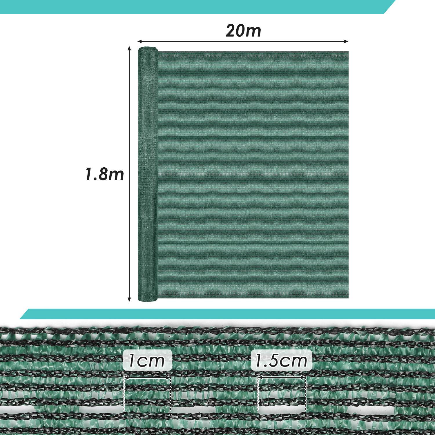 Grüne Datenschutz-Maschenrolle, 1,8 m × 20 m. Die Nahaufnahme zeigt die Maschenstruktur mit 1 cm und 1,5 cm Lücken.