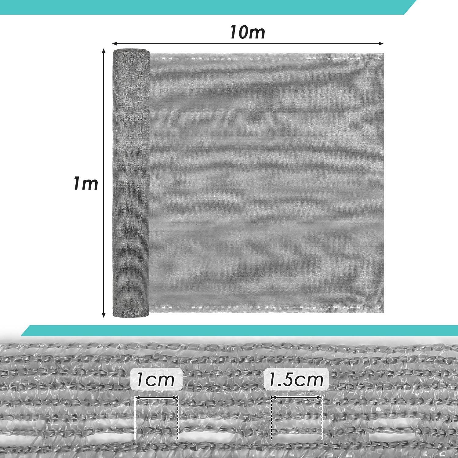 Eine Rolle grauen Stoff wird gezeigt, mit einer Breite von 1 Meter und einer Länge von 10 Metern. Eine Nahaufnahme zeigt Nähdetails von 1 cm und 1,5 cm.