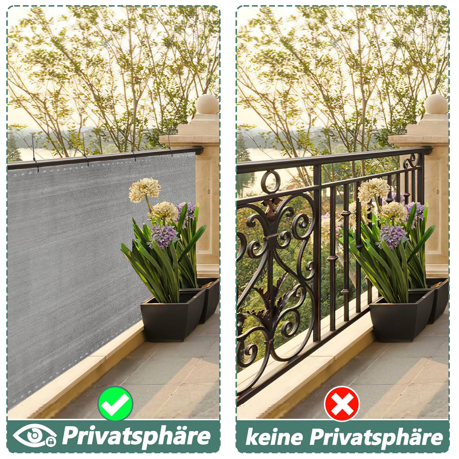 Vergleich von Balkonen mit und ohne Sichtschutz: links zeigt Sichtschutz, der die Aussicht blockiert, rechts offene Aussicht ohne Bildschirm, wodurch die Privatsphäre gefährdet wird.