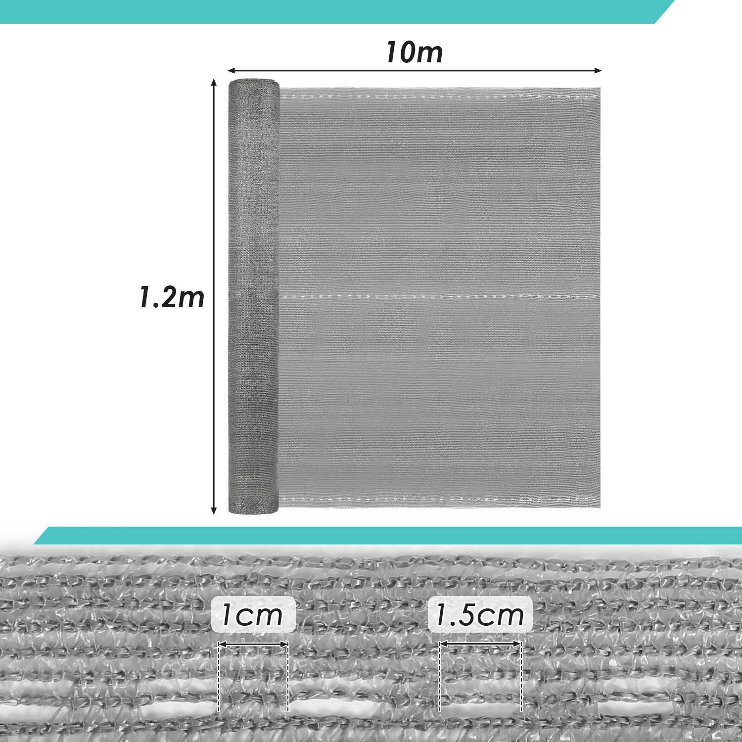 Eine Rolle graues Netz, 1,2 m breit und 10 m lang. Die Nahaufnahme zeigt 1 cm große Quadrate und 1,5 cm Abstand, was die Maschenweite und den Abstand angibt.