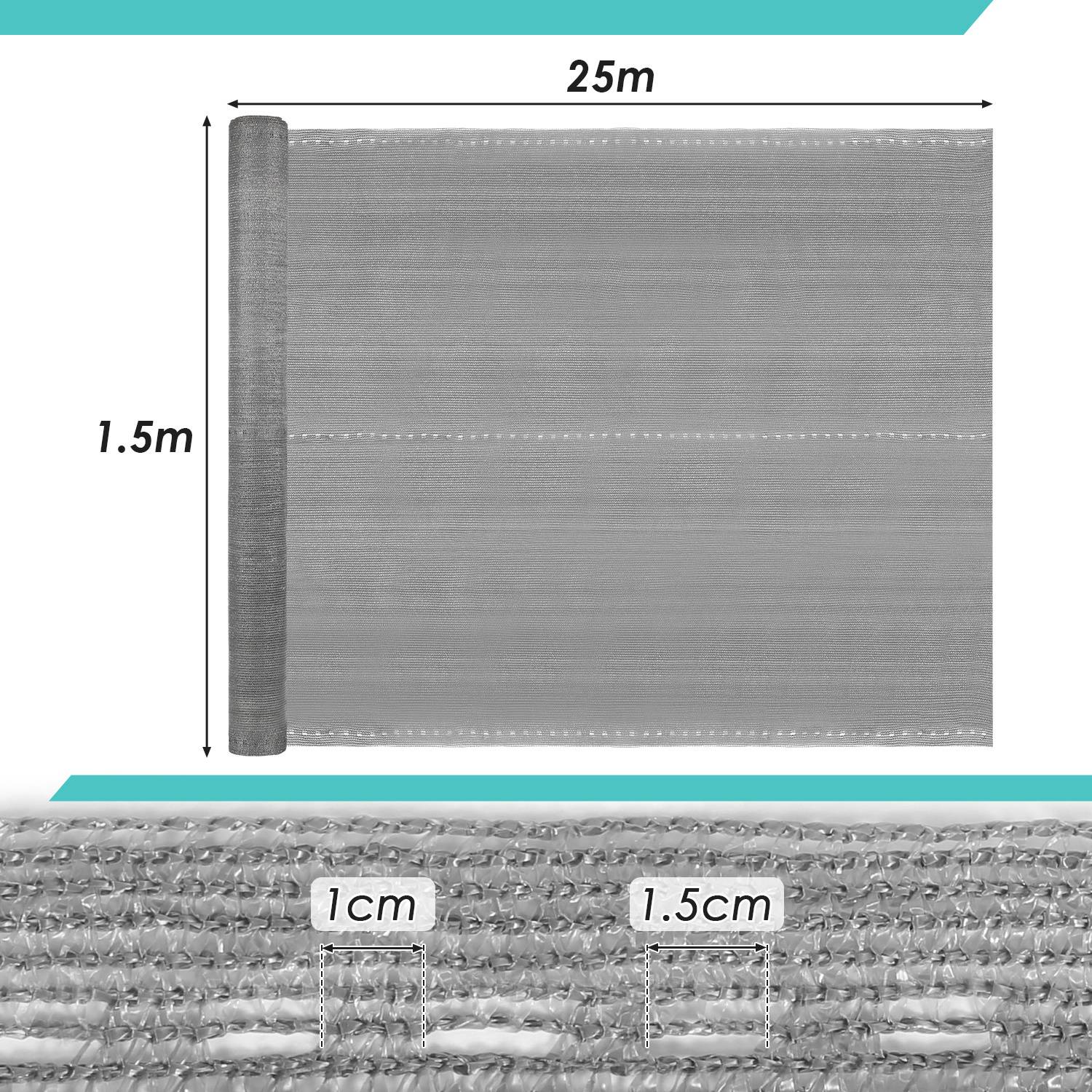 Eine rechteckige Netzrolle, 1,5 m hoch und 25 m lang, mit vergrößerter Detailansicht des Stichmuster, mit Abmessungen von 1 cm und 1,5 cm.