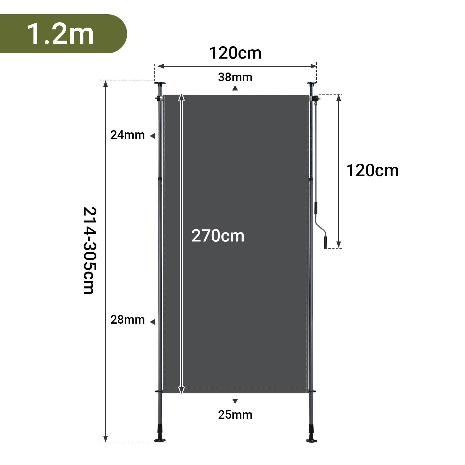 Diagramm eines ausfahrbaren Bildschirms mit den Maßen 120 cm x 270 cm und verstellbarer Höhe zwischen 214–305 cm. Die Breite beträgt 1,2 m mit beschrifteten Abmessungen.