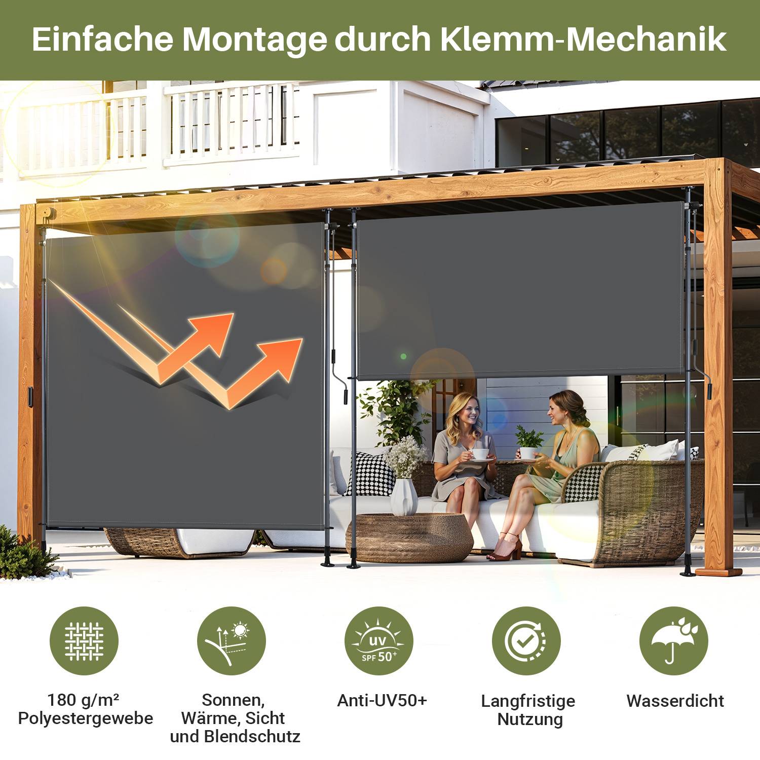 Outdoor-Sitzbereich unter einer Pergola mit herunterziehbaren Sonnenschutzschirmen. Text: 'Einfache Montage durch Klemm-Mechanik'. Symbole weisen auf Sonnenschutz und Wasserbeständigkeit hin.