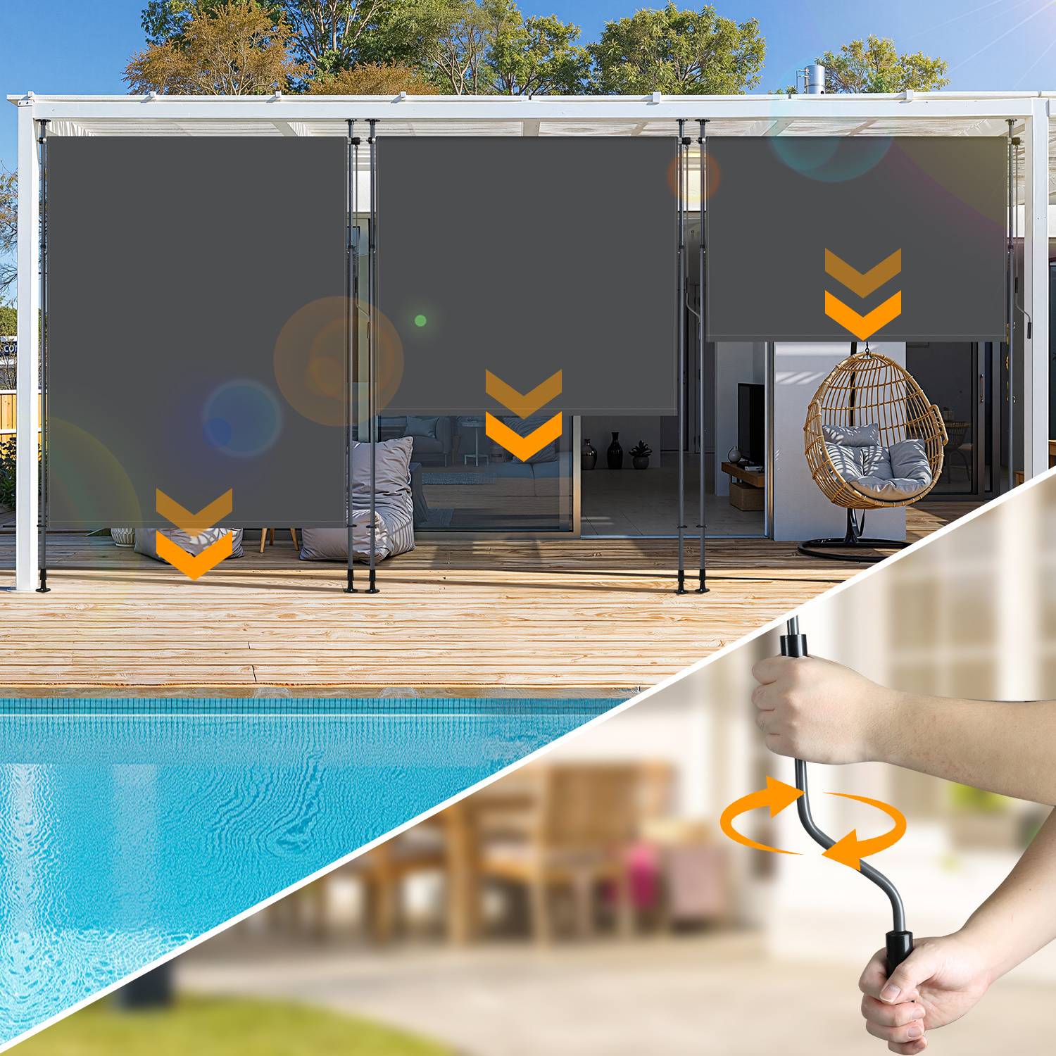 Ein Patio mit einfahrbaren Screens und einem Hängesessel. Die Detailaufnahme zeigt eine Hand, die eine Steuerung bedient; Pfeile zeigen die Bewegungsrichtung der Screens an.