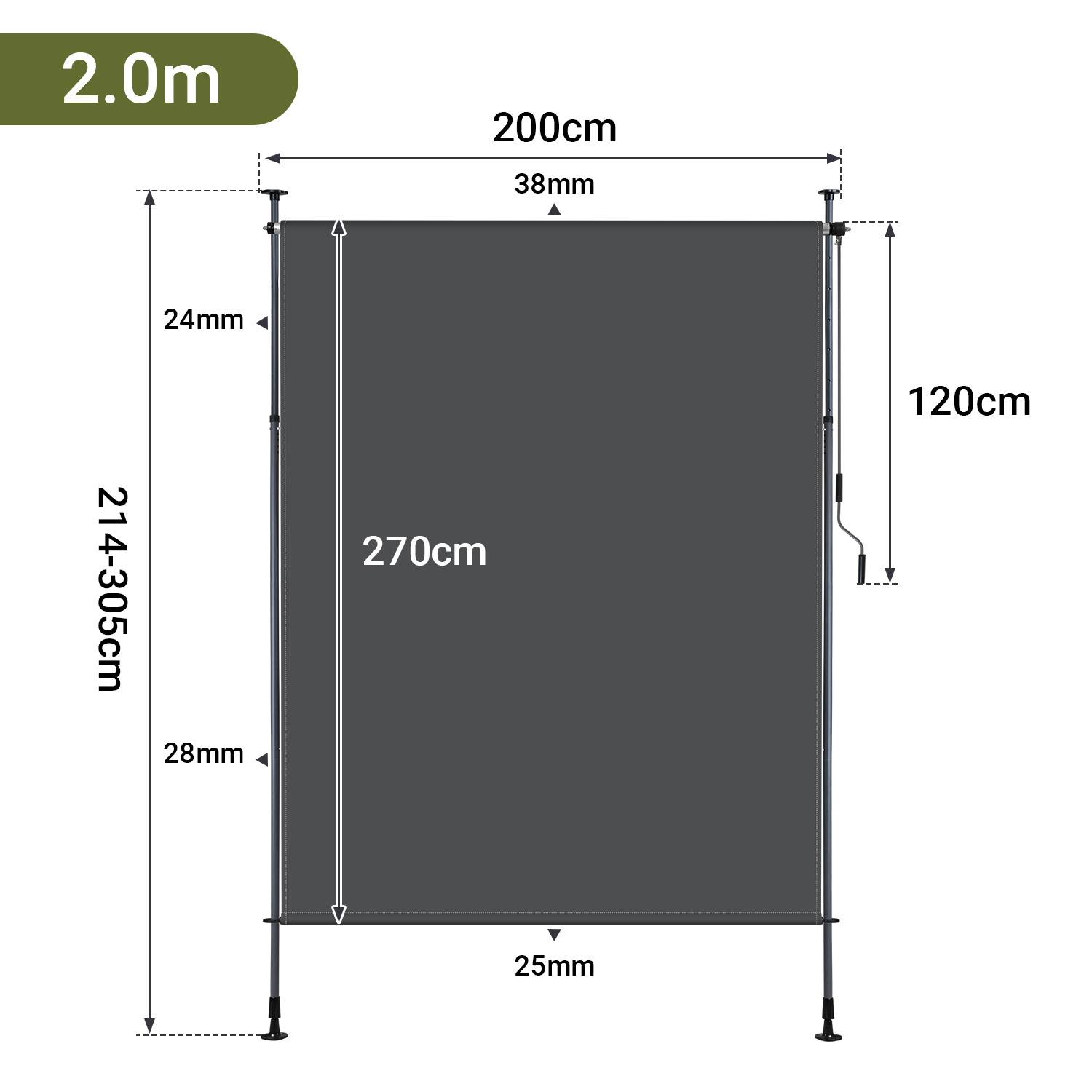 Ausfahrbares Fliegengitter mit Abmessungen: Höhe 214-305 cm, Breite 200 cm, Screenhohe 270 cm, Gesamthöhe 275 cm, rechte Erweiterung 120 cm.