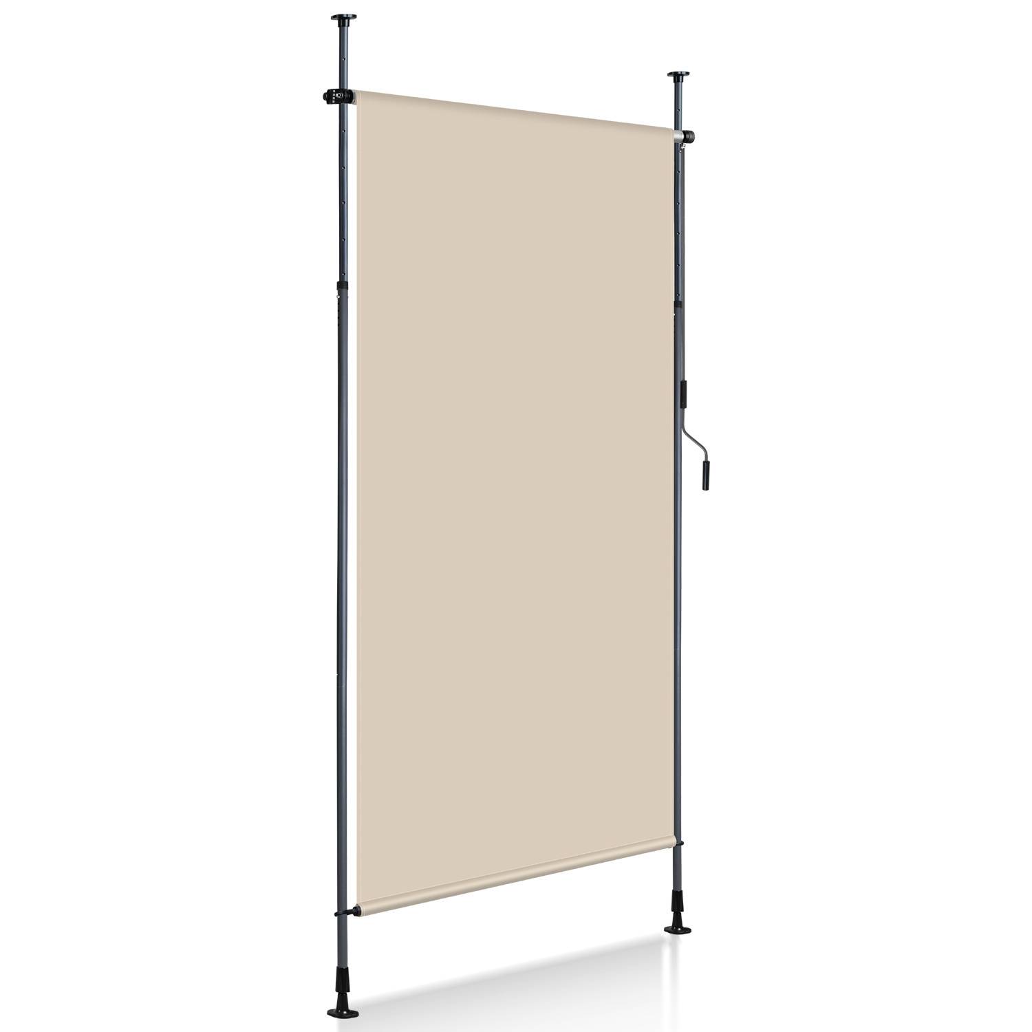 Beige Raumteiler mit Spannmontage, verstellbaren Metallstangen und Stoffpaneel, konzipiert zur Raumaufteilung ohne Bohren.