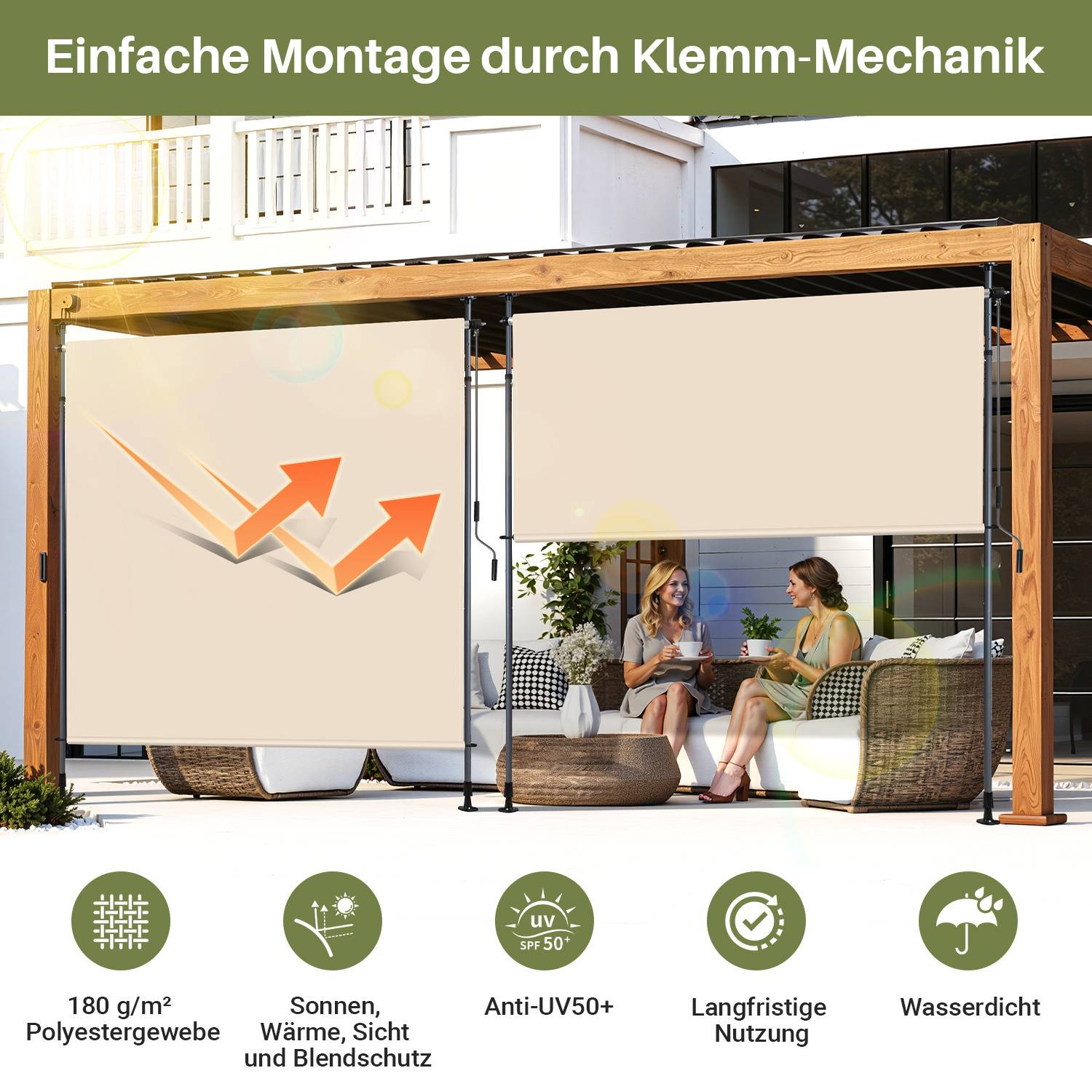 Eine Holzpergola mit ausgefahrenen beigen Sonnenschirmen, unter der zwei Personen sitzen. Symbole zeigen UV-Schutz, Wasserfestigkeit und einfache Installation.