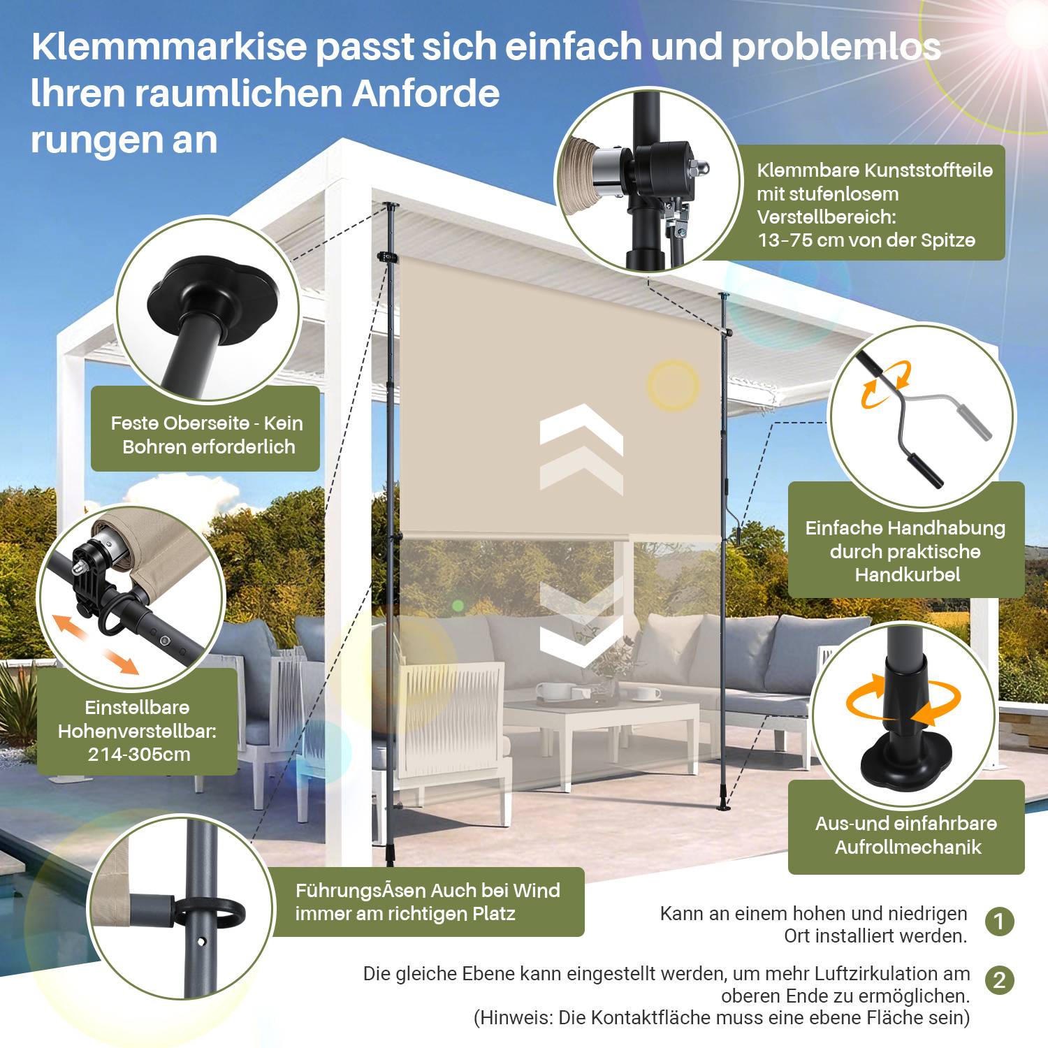 Die Klemmmarkise passt sich einfach und problemlos Ihren räumlichen Anforderungen an.' Diagramm einer verstellbaren Sonnenschutzvorrichtung mit gekennzeichneten Funktionen. Zeigt Montagemöglichkeiten und benutzerfreundliche Einstellungen.