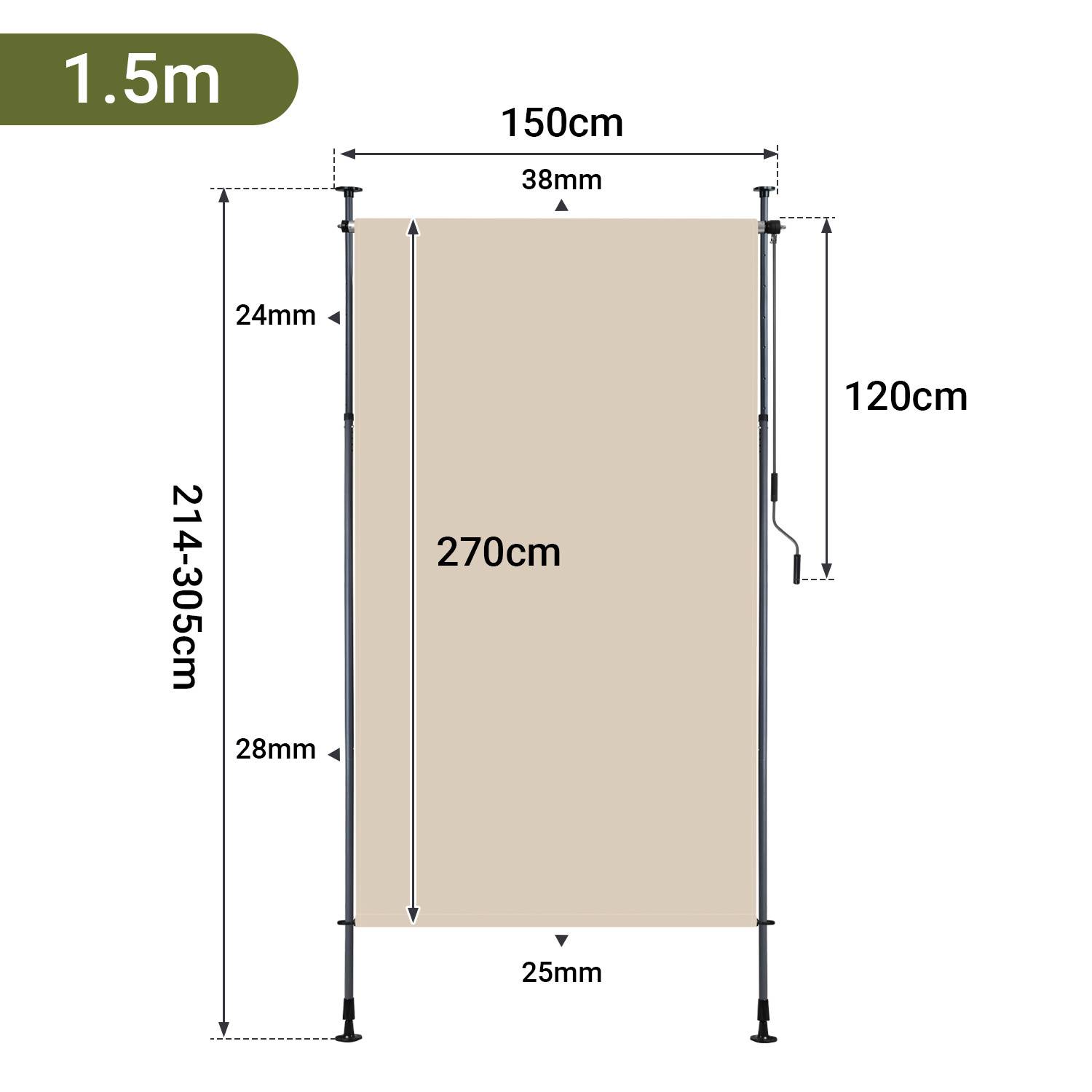 „Diagramm eines Ständers mit Abmessungen: Höhe 214–305 cm, Breite 150 cm, Innenbreite 38 mm und Bildschirmgröße 270 cm mit 28 mm und 24 mm Seitenrändern.