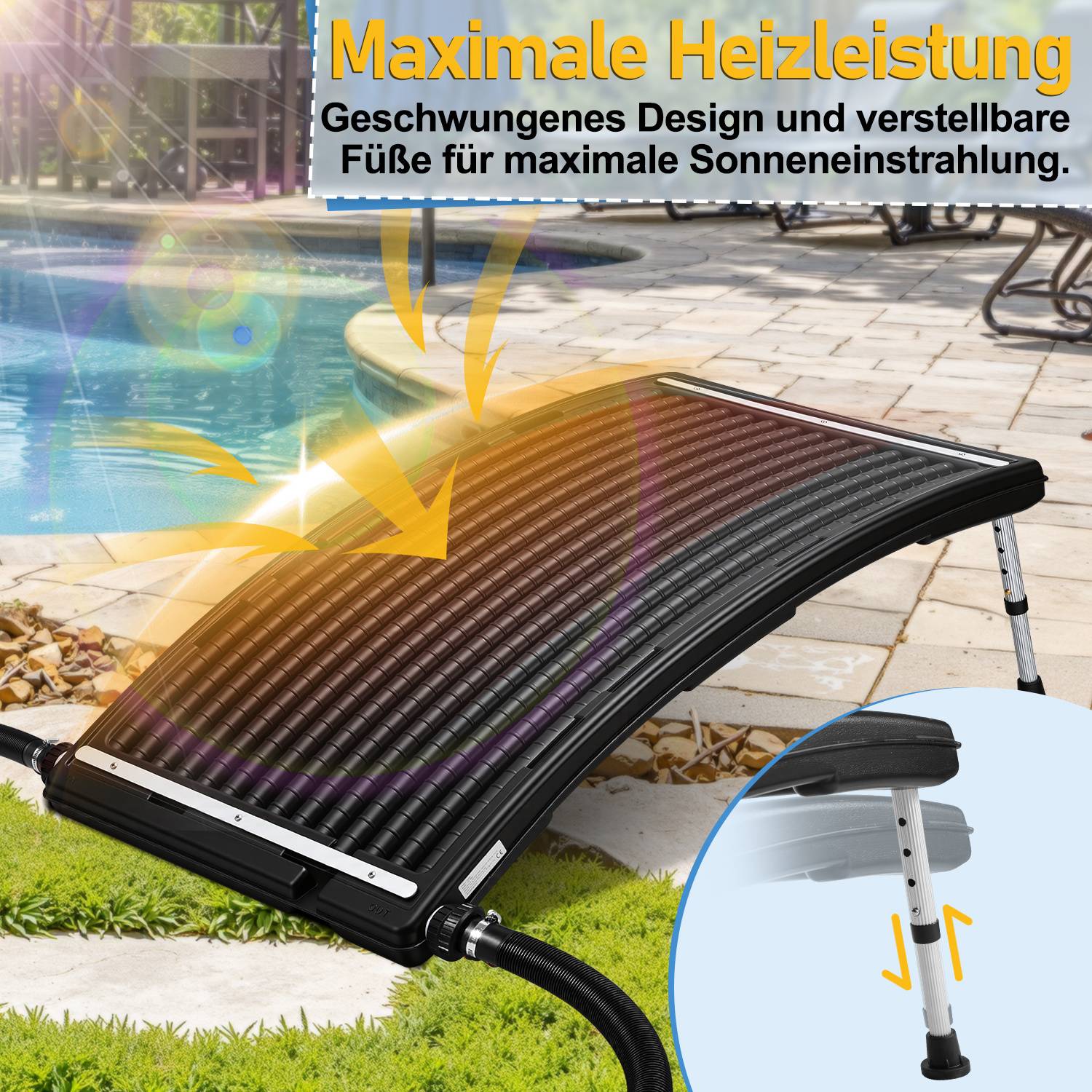 Ein schwarzer Solarheizer in der Nähe eines Pools, mit verstellbaren Beinen für optimale Sonneneinstrahlung, wobei sein geschwungenes Design für maximale Effizienz hervorgehoben wird.