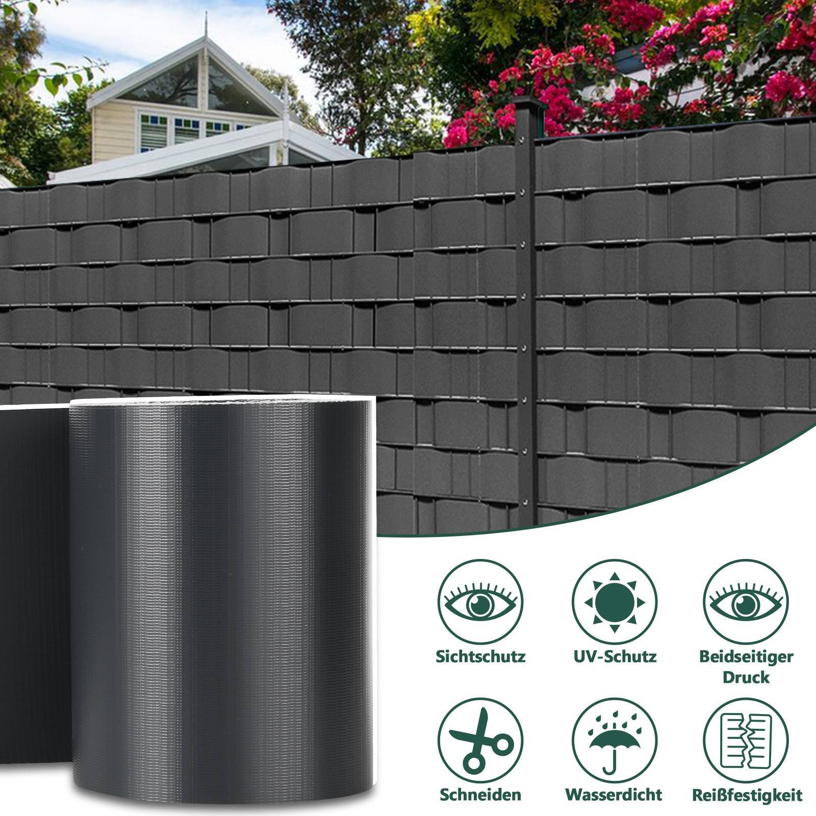 Ein Sichtschutzzaun im Garten wird mit Vinylpro-Bändern verstärkt, begleitet von Symbolen, die UV-Schutz, Wasserdichtheit und Haltbarkeit anzeigen.