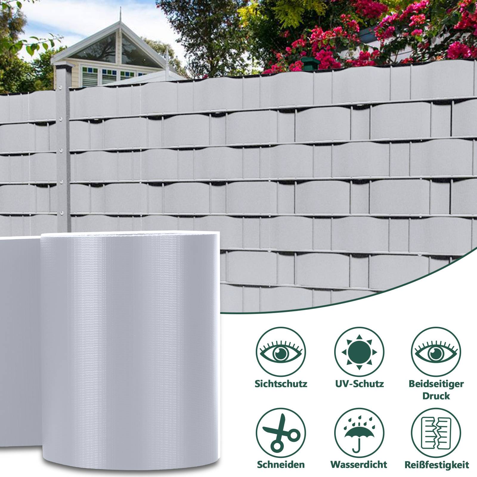 Weißer Sichtschutzgartenzaun mit Gartenhintergrund; Produktmerkmale umfassen visuellen Schutz, UV-Schutz, beidseitiger Druck, Zuschnitt, Wasserfestigkeit und Reißfestigkeit.
