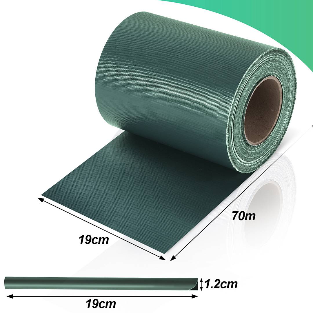 Grüne Klebebandrolle, 70m lang und 19cm breit, teilweise abgerollt. Die Seitenansicht zeigt einen Durchmesser von 11,2cm und betont Größe und Farbe.