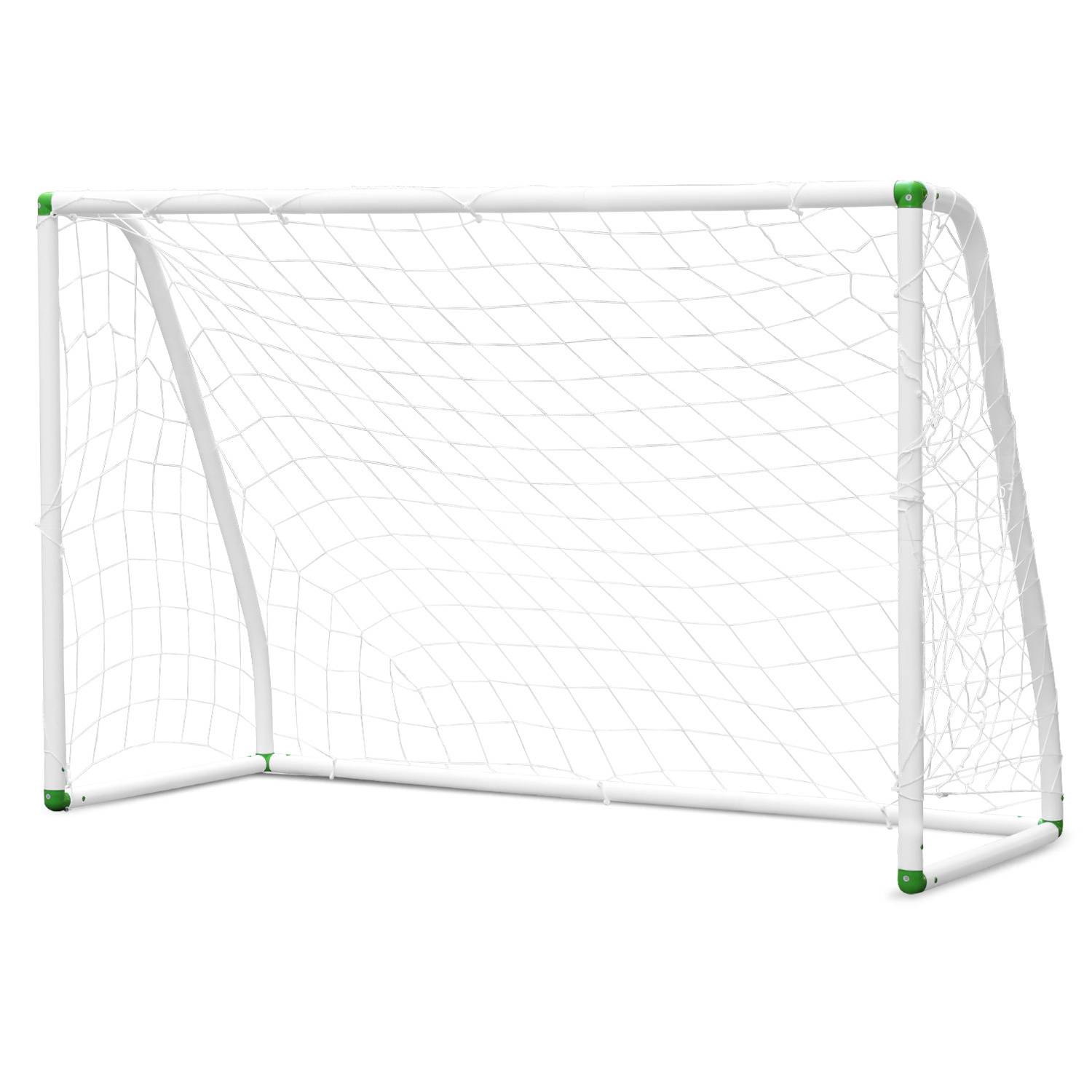 Ein weißes Fußballtor mit Netz, ausgestattet mit grünen Akzenten an den Ecken, steht vor einem leeren Hintergrund.