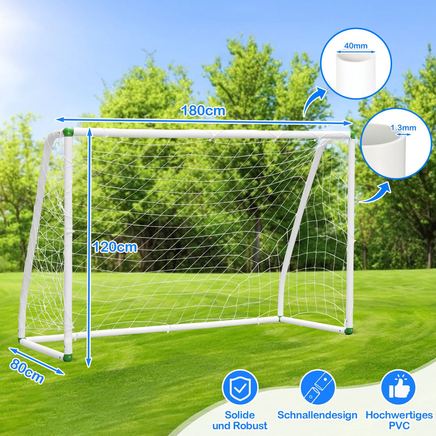 Ein weißer Fußballtorrahmen auf einem Rasenfeld mit beschrifteten Abmessungen: 180cm Breite, 120cm Höhe, 80cm Tiefe. Der Text lautet „Solide und Robust