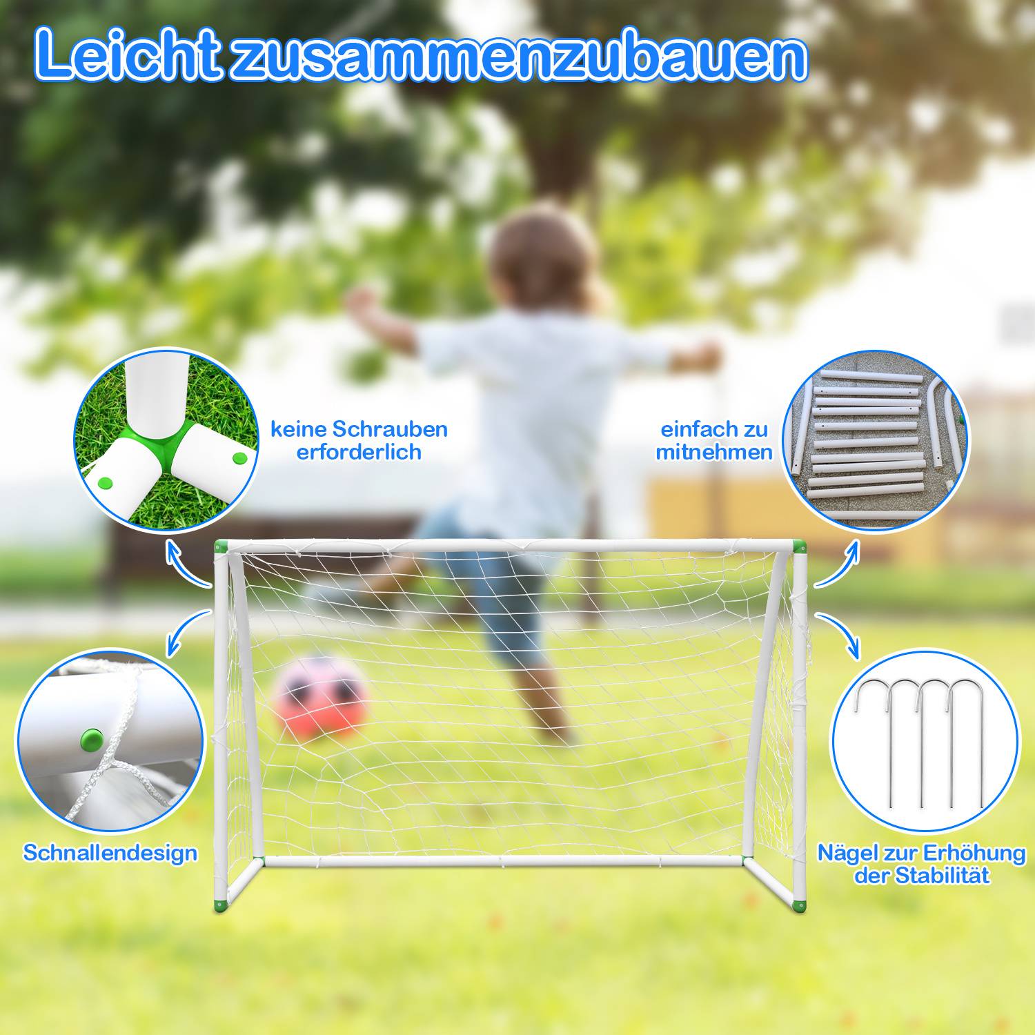 Ein Kind, das einen Fußball auf ein tragbares Tor schießt. Hervorgehobene Merkmale sind Schnappverschluss-Design, keine Schrauben, leicht zu transportieren, Nägel für Stabilität.
