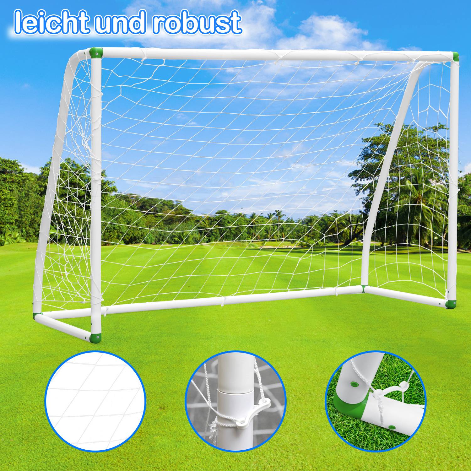Ein robustes weißes Fußballtor auf einem Rasenplatz unter blauem Himmel. Der Text lautet „leicht und robust