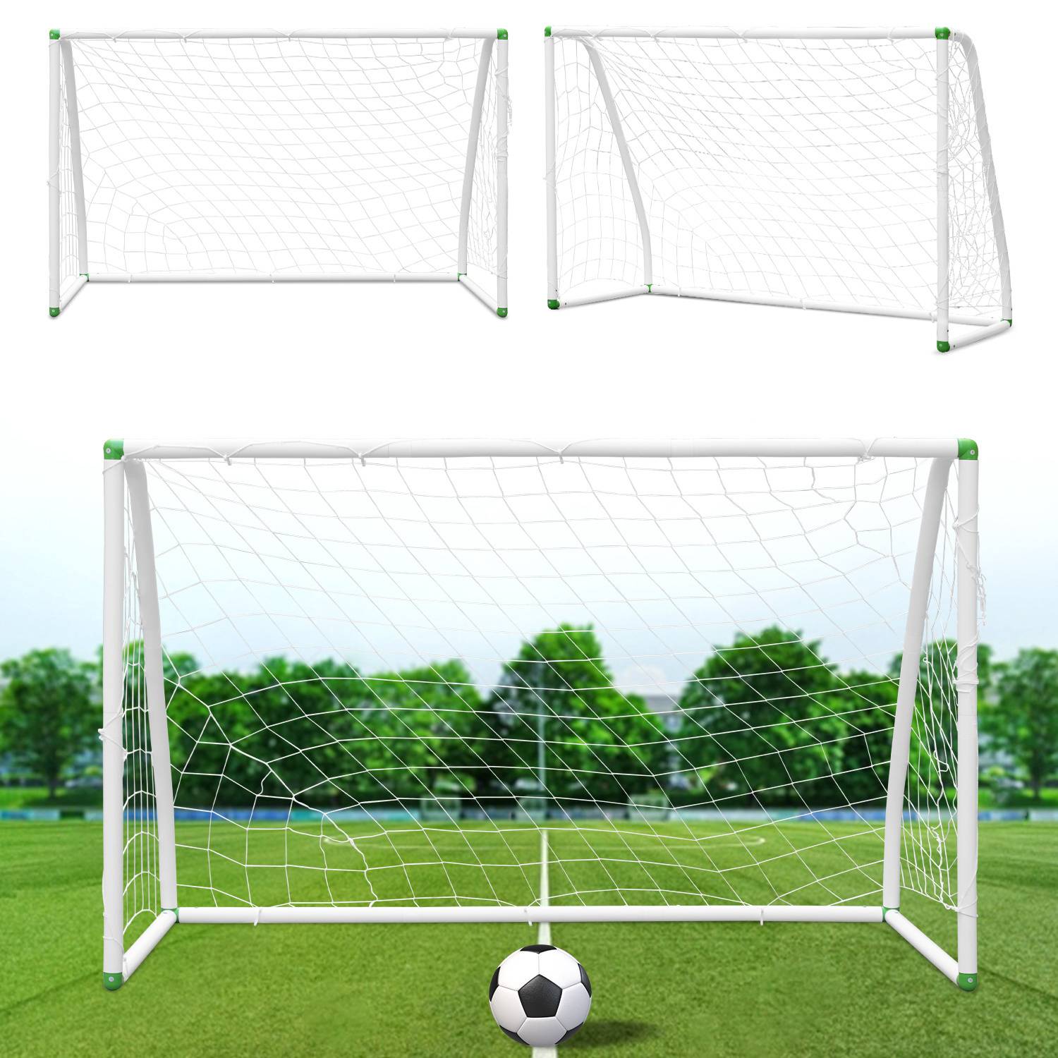 Ein Fußballtor mit Netz steht auf einem Rasenplatz, mit einem Fußball davor platziert. Bäume säumen den Hintergrund unter einem klaren Himmel.