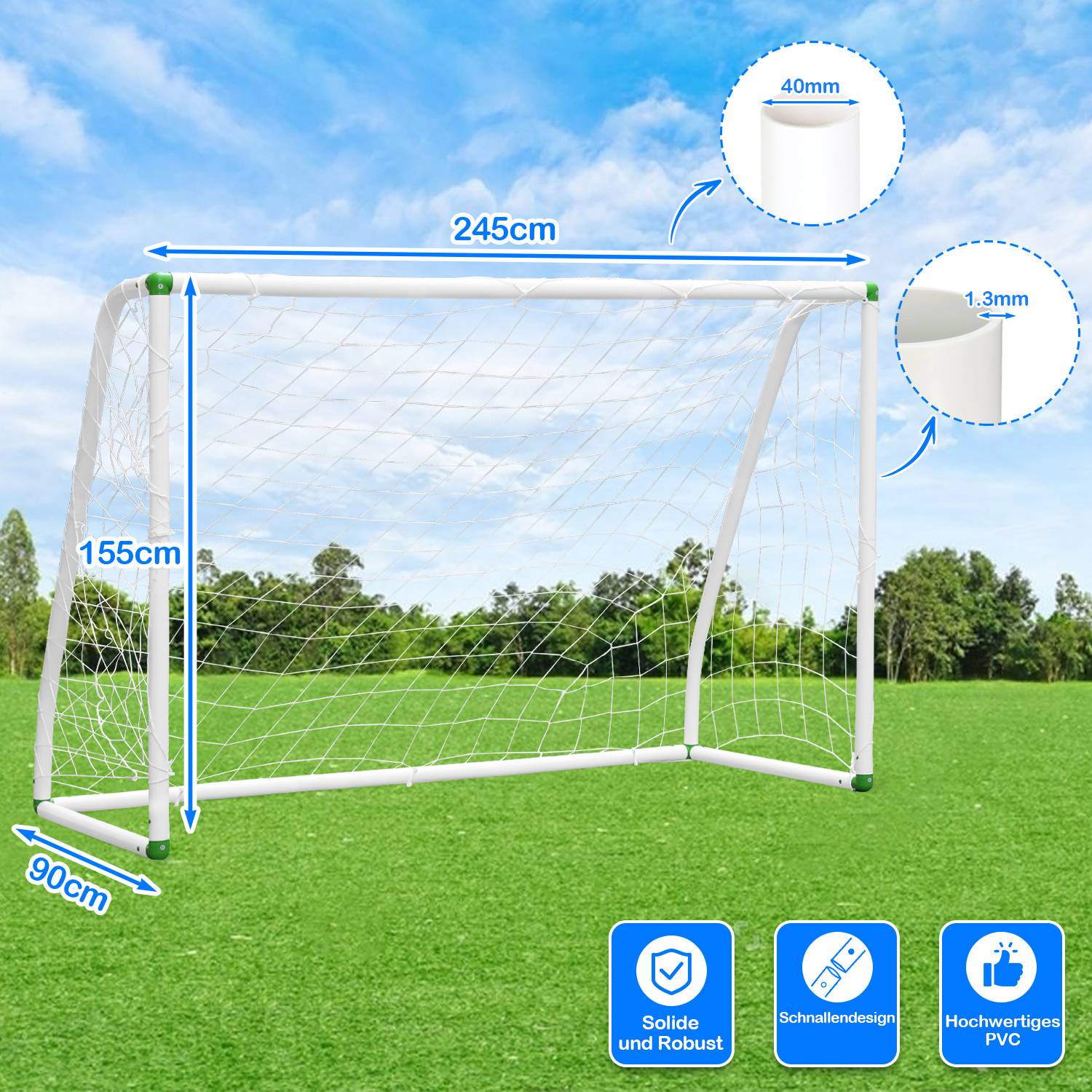 „Ein großes weißes Fußballtor mit den Abmessungen: 245 cm breit, 155 cm hoch und 90 cm tief. Verwendete Materialien: massives PVC, 40-mm-Rahmen, 1,3-mm-Netz.