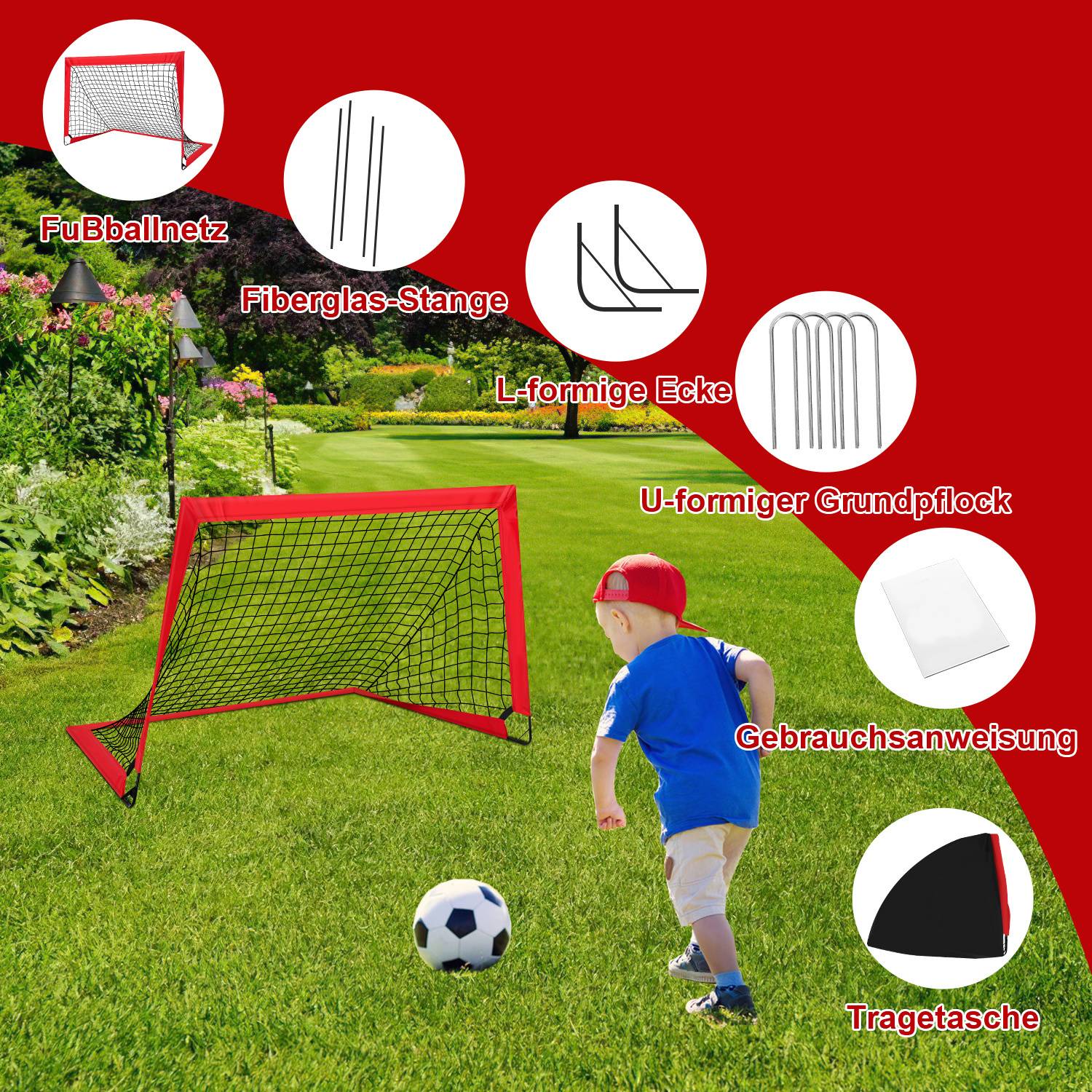 Ein Kind spielt mit einem Fußballtor-Set im Garten. Einschübe zeigen Teile: Glasfaserstäbe, eine L-förmige Ecke, U-förmigen Pflock, Anleitung und Tragetasche.