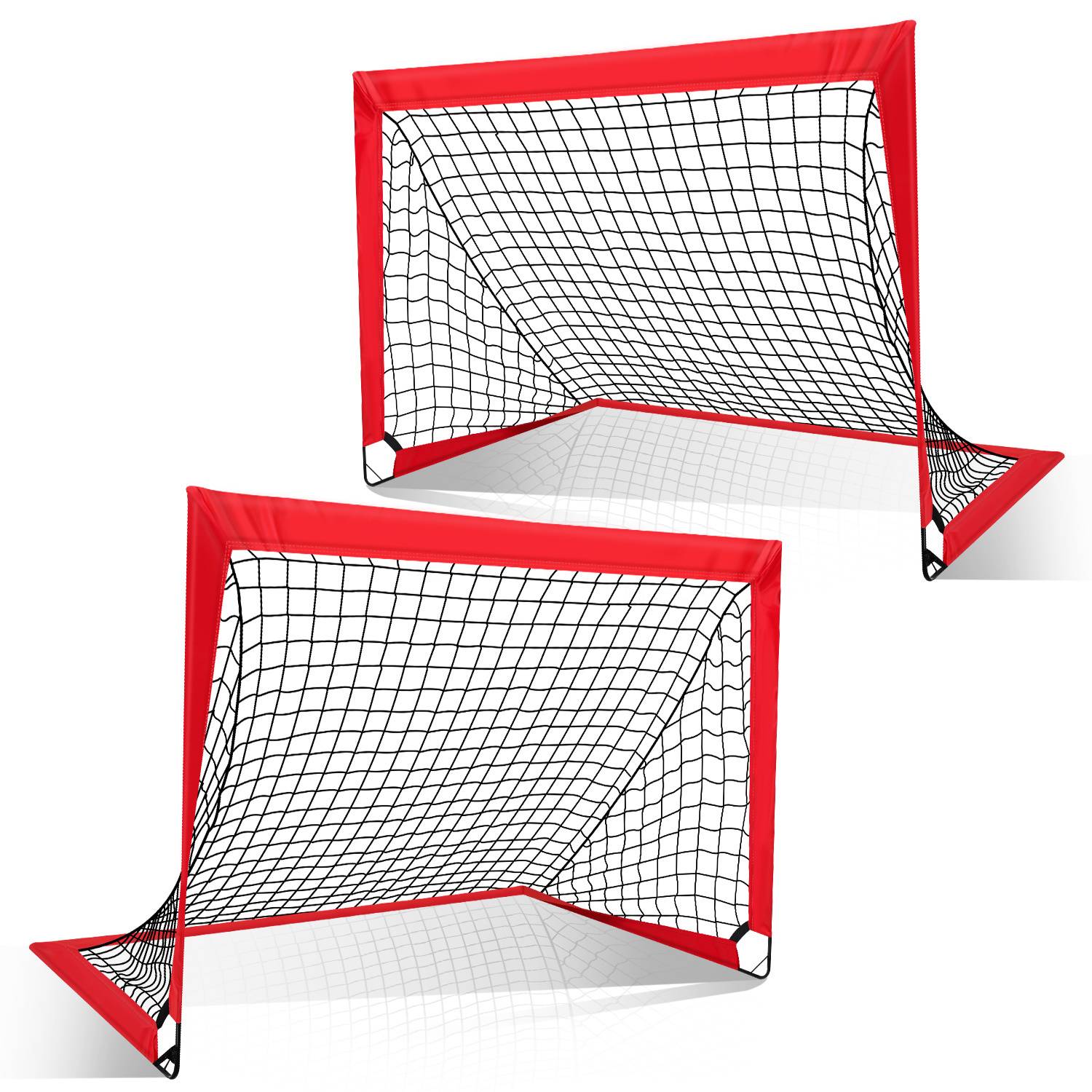 Zwei rot und schwarze rechteckige Fußballtore nebeneinander positioniert, mit Netzwerk.