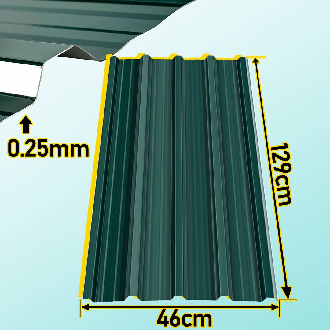 Illustration eines 0,25mm dicken, 46cm breiten und 129cm langen gewellten Metallblechs in grüner Farbe.