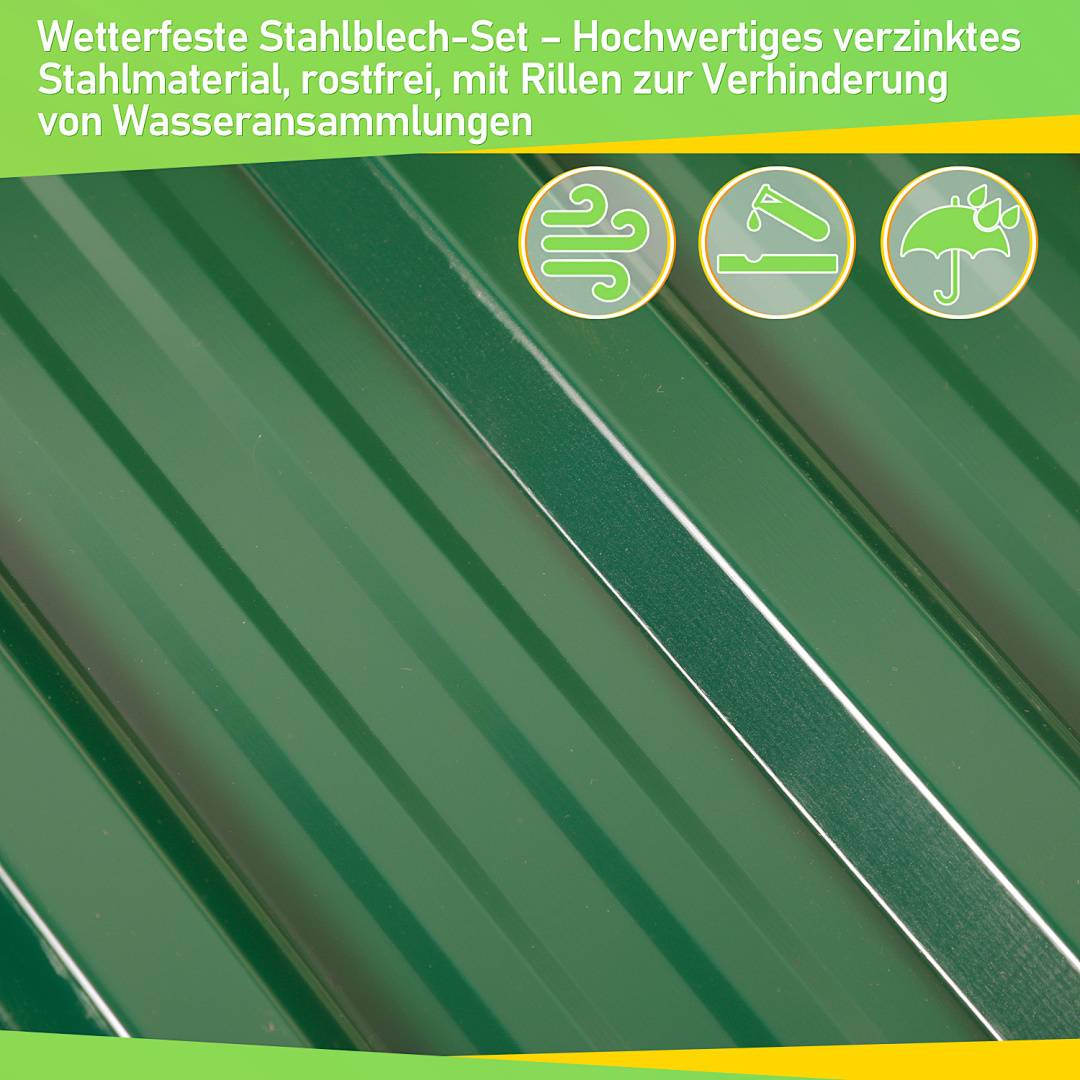 Grünes, wetterfestes Stahlblech mit Wasserschutzrillen; gekennzeichnet als hochwertig, verzinkt und rostfrei.