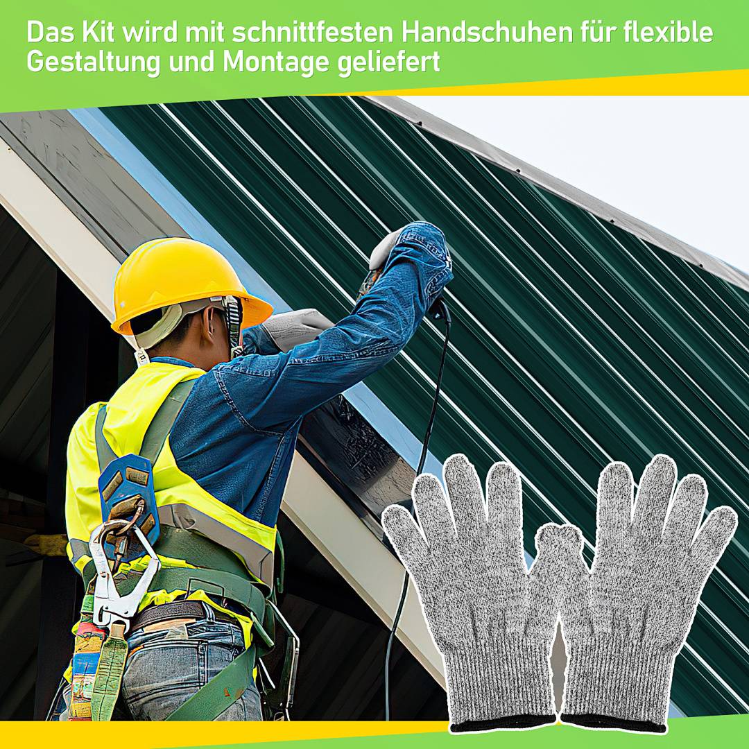 Ein Bauarbeiter installiert ein Metalldach und trägt einen Schutzhelm und schnittfeste Handschuhe. Der Text auf Deutsch erwähnt „schnittfeste Handschuhe für flexible Konstruktion und Montage