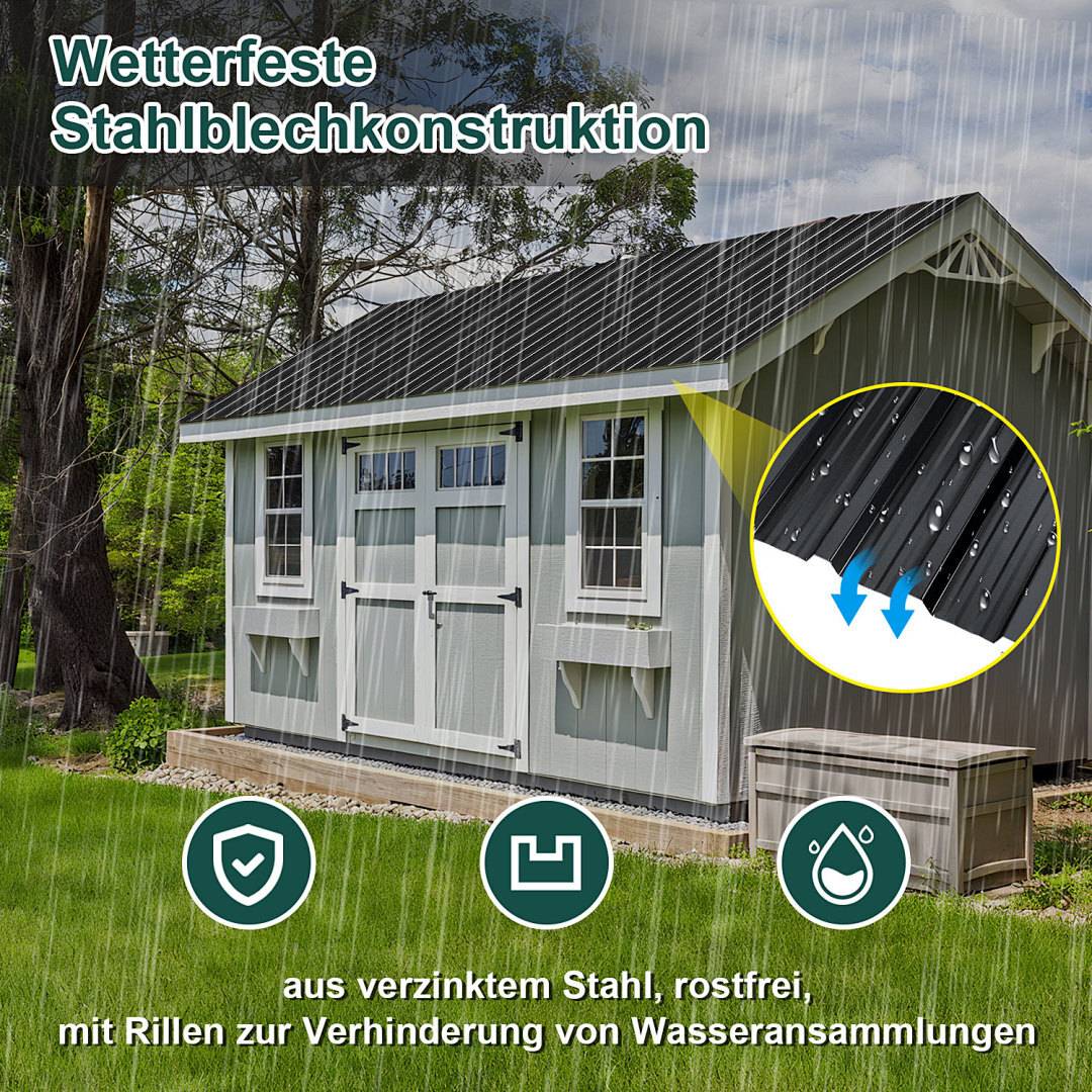 Ein wetterfestes Stahlblechgebäude im Regen mit einer Nahaufnahme eines gerippten, rostfreien Metalldachs, das für die Wasserableitung konstruiert ist. Deutscher Text: 'Wetterfeste Stahlblechkonstruktion'.