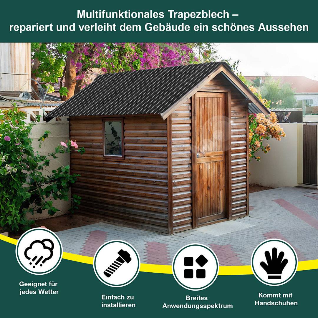 Ein Holzschuppen mit einem trapezförmigen Metalldach wird in einem Hinterhof gezeigt. Text in deutscher Sprache hebt seine Vielfältigkeit und Langlebigkeit hervor. Symbole deuten auf Witterungsbeständigkeit, einfache Installation, breite Anwendungsmöglichkeiten und manuelle Handhabungsanforderungen hin.