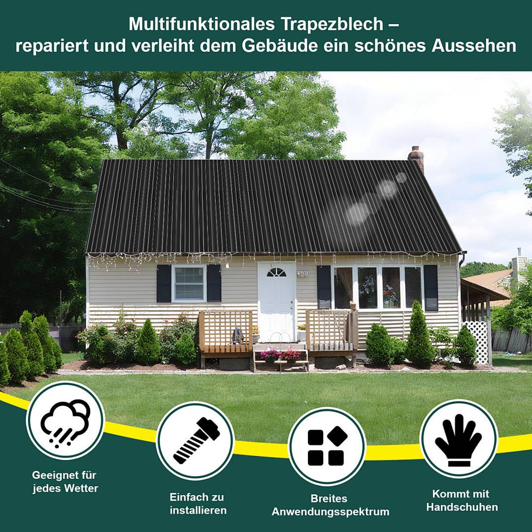 Ein kleines Haus mit einem schwarzen trapezförmigen Dach, umgeben von Grün. Der Text hebt Dachmerkmale hervor: wetterfest, einfache Installation, vielseitig einsetzbar, auch mit Handschuhen verwendbar.