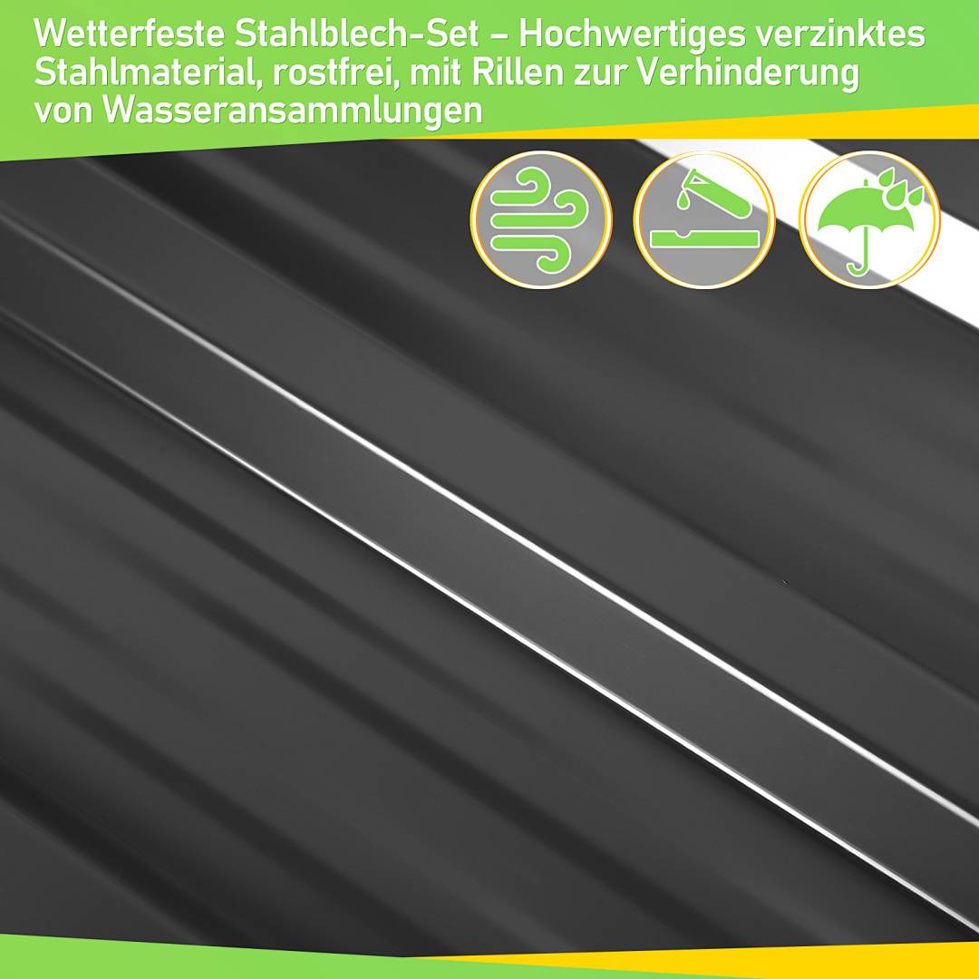 Ein Blatt aus wetterbeständigem, hochwertigem verzinktem Stahl mit Rillen zur Vermeidung von Wasserstauung. Die Merkmale sind mit Symbolen hervorgehoben.