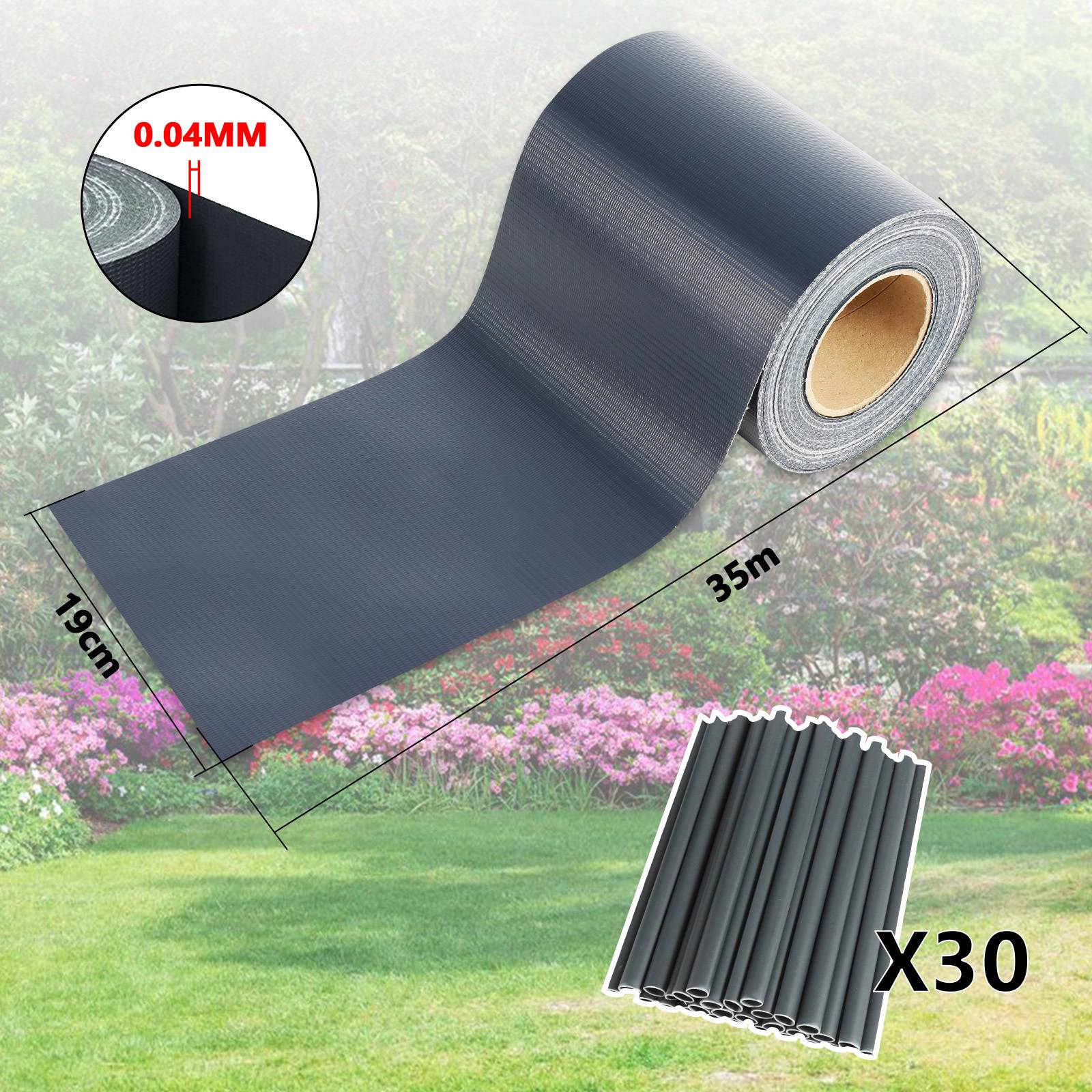 Eine Rolle schwarzes wasserdichtes Klebeband, 19 cm breit und 35 m lang, dargestellt mit einer Dicke von 0,04 mm. Das Bild zeigt einen Gartenhintergrund und 30 Rollen.