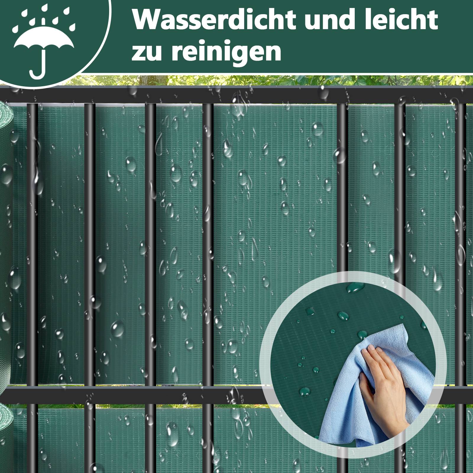 Grüner Terrassenschirm mit Regentropfen und einer Hand, die wischt, was die wasserdichte und leicht zu reinigende Eigenschaft zeigt. Deutscher Text: 'Wasserdicht und leicht zu reinigen.
