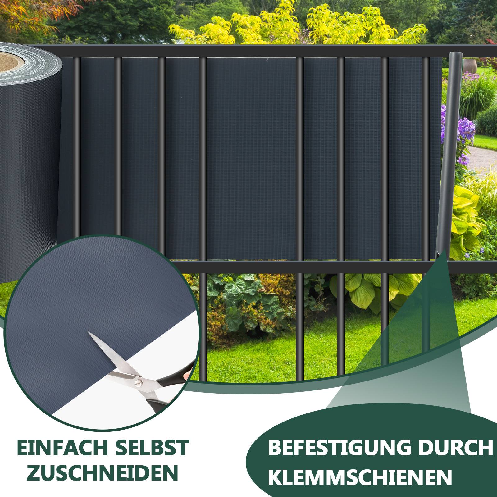 Schwarzer Datenschutzschirm wird auf einem Metallzaun installiert, mit nahegelegenem Garten im Hintergrund. Das eingefügte Bild zeigt eine Schere, die den Schirm schneidet.