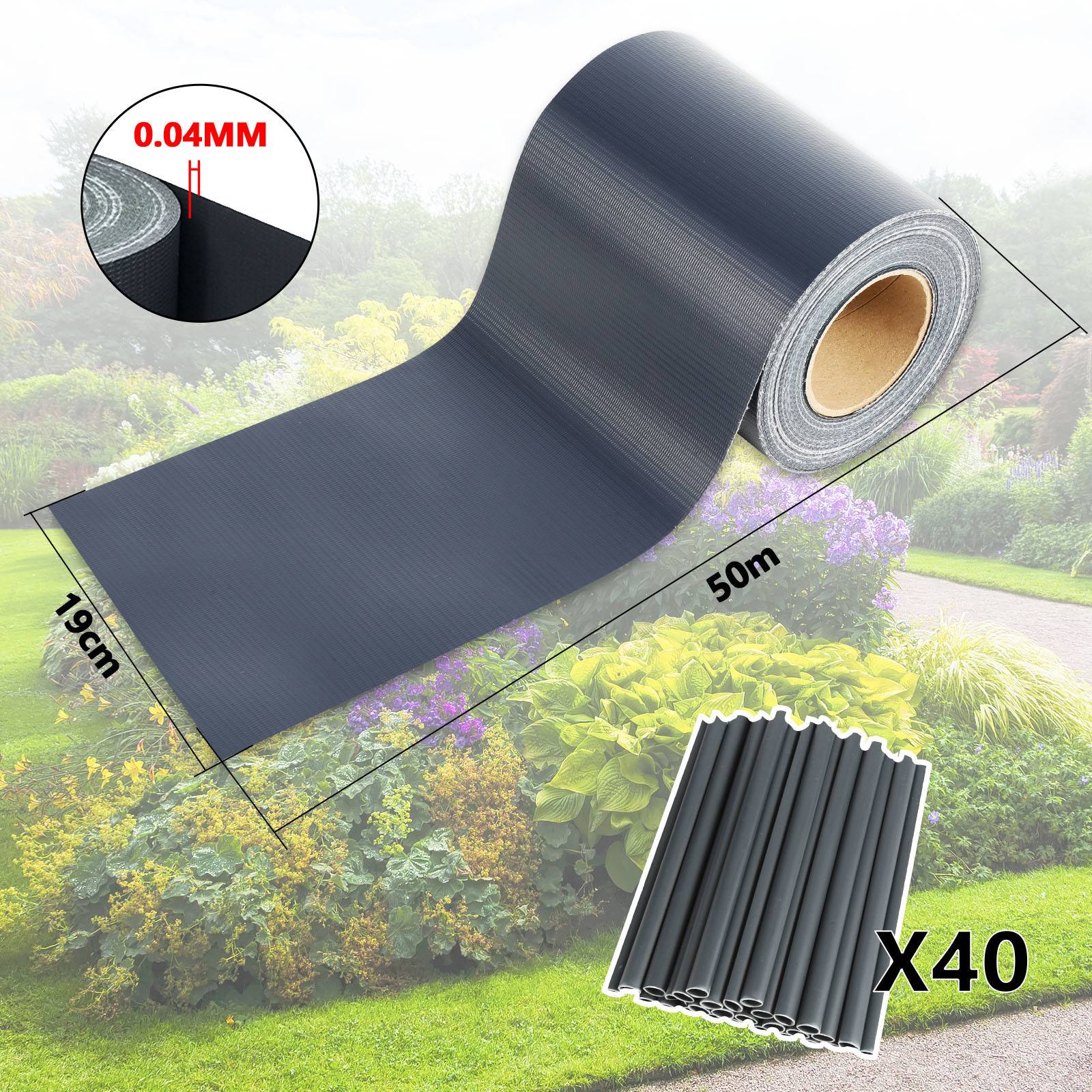 Schwarze Gartenumrandungsrolle mit einer Länge von 50 Metern und einer Breite von 19 cm, Dicke 0,04 mm, mit einer Illustration eines Gartens im Hintergrund.
