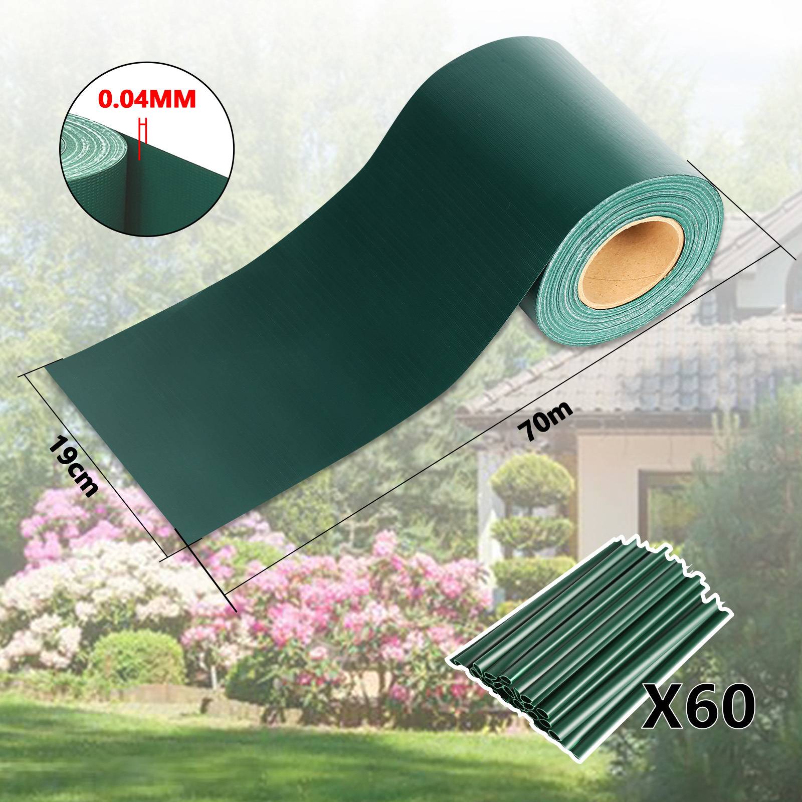 Gartenrandrolle, 19 cm x 70 m, Dicke 0,04 mm, grüne Farbe. Das Bild zeigt die Rolle in einer Gartenumgebung. Packung enthält 60 Stück.