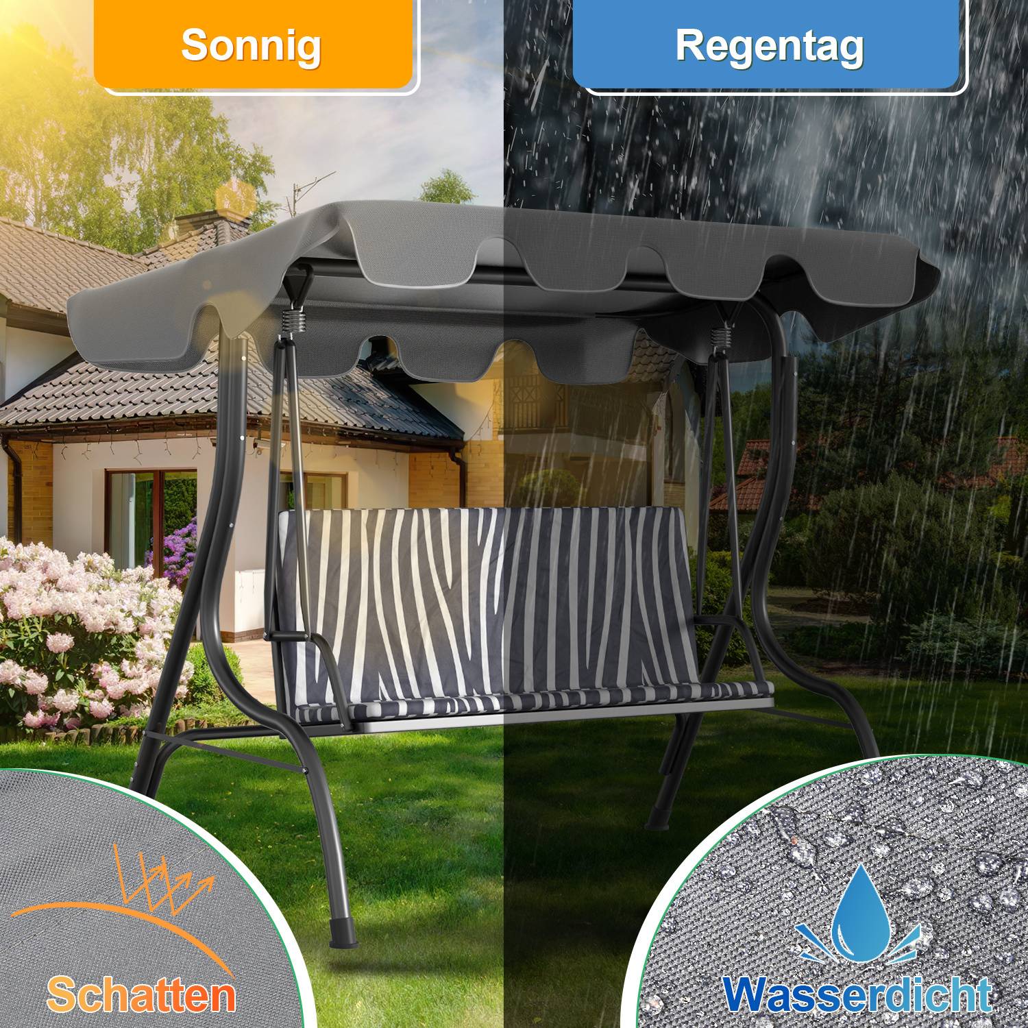 Ein Schaukelsessel mit Baldachin wird sowohl bei sonnigen als auch bei regnerischen Bedingungen gezeigt und hebt die Bezeichnungen 