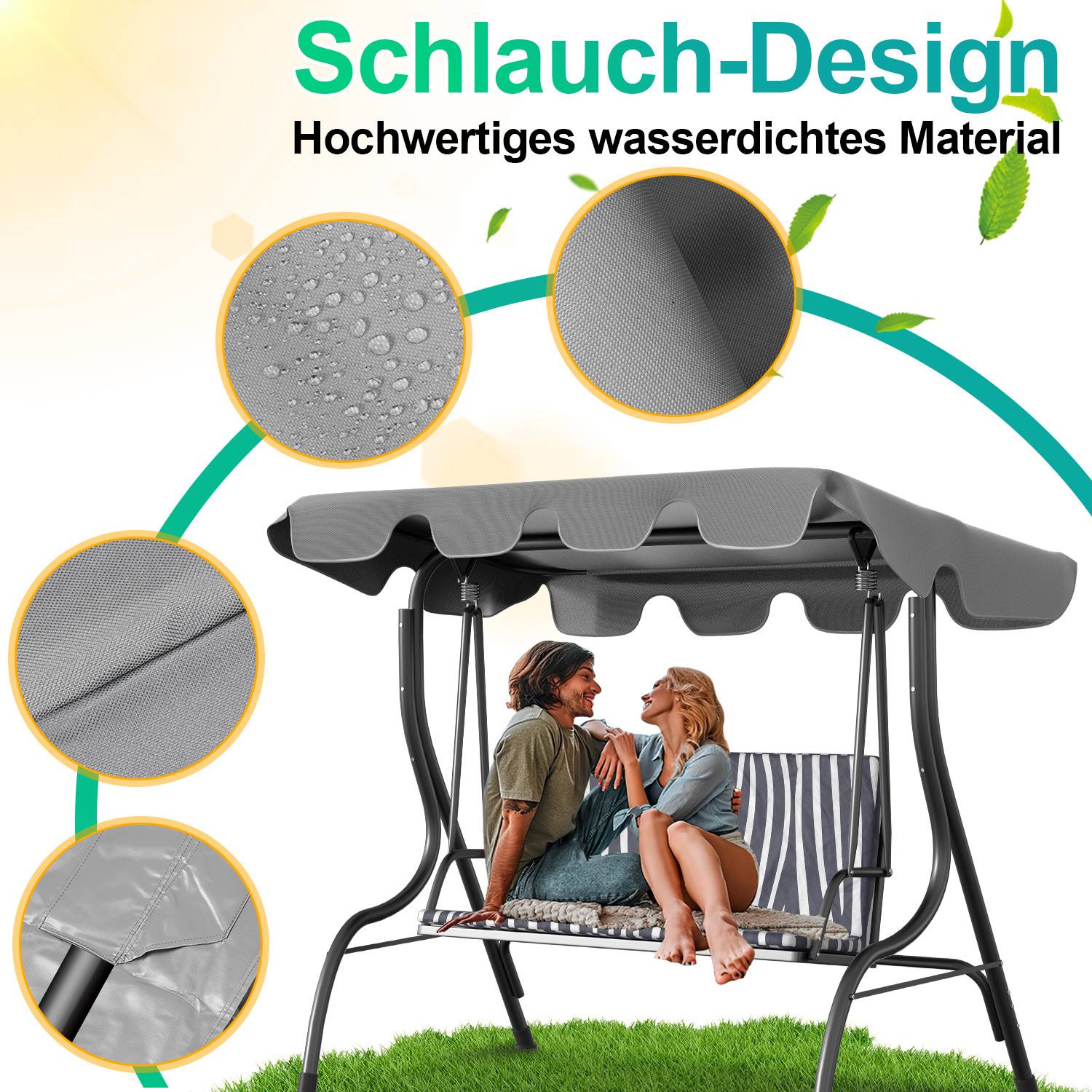 Ein Schaukelgestell mit Baldachin ist abgebildet. Highlights sind Wassertropfen auf dem Stoff, die auf wasserdichtes Material hindeuten. Der Text lautet: Schlauch-Design, hochwertiges wasserdichtes Material.