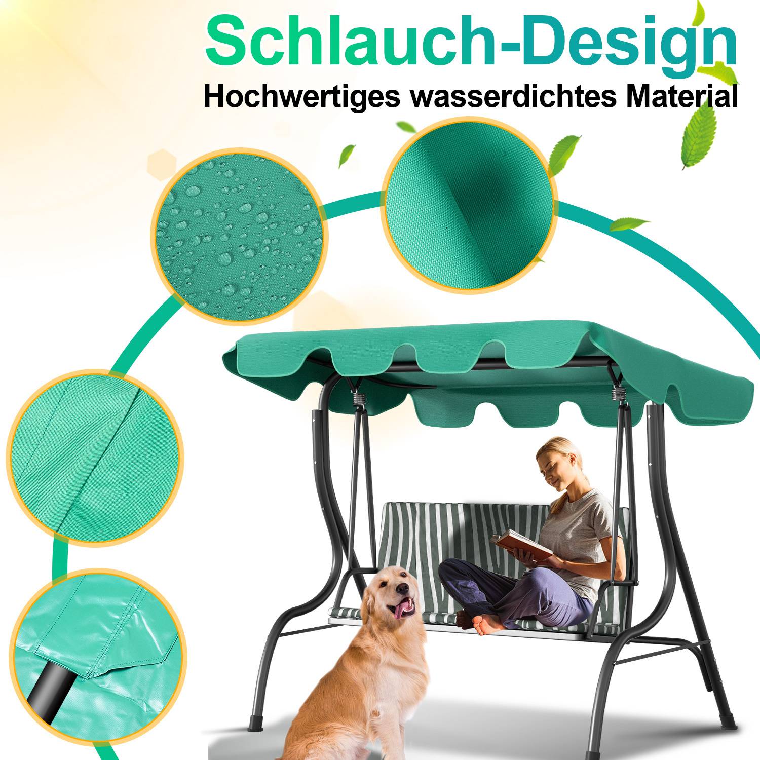 Grüne Schaukel mit Baldachin mit der Bezeichnung „Schlauch-Design