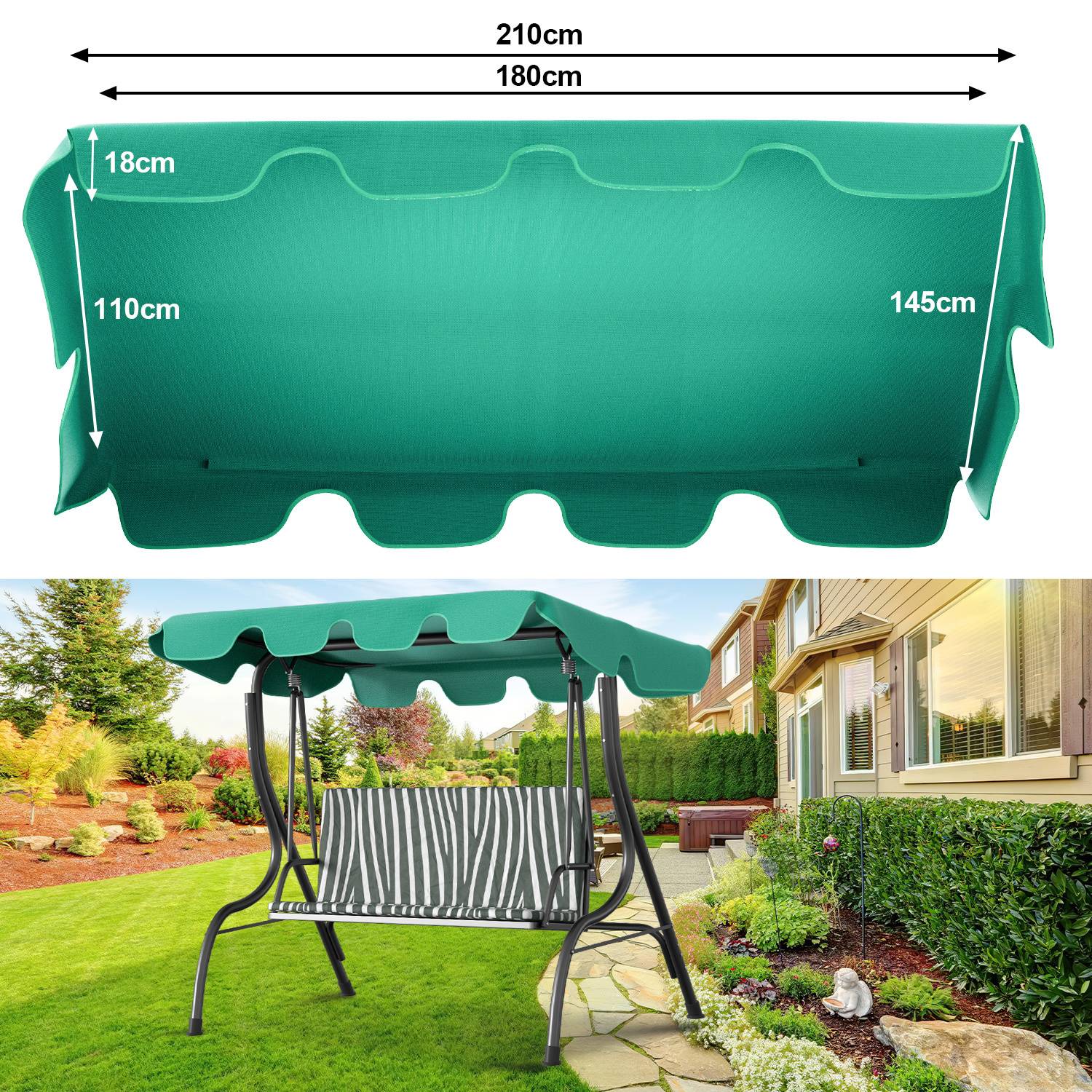 Grüne Überdachung Maße: 180cm x 110cm, passt auf eine Gartenschaukel. Dargestellt in einer Hinterhof-Umgebung mit Rasen und Sitzbreich.