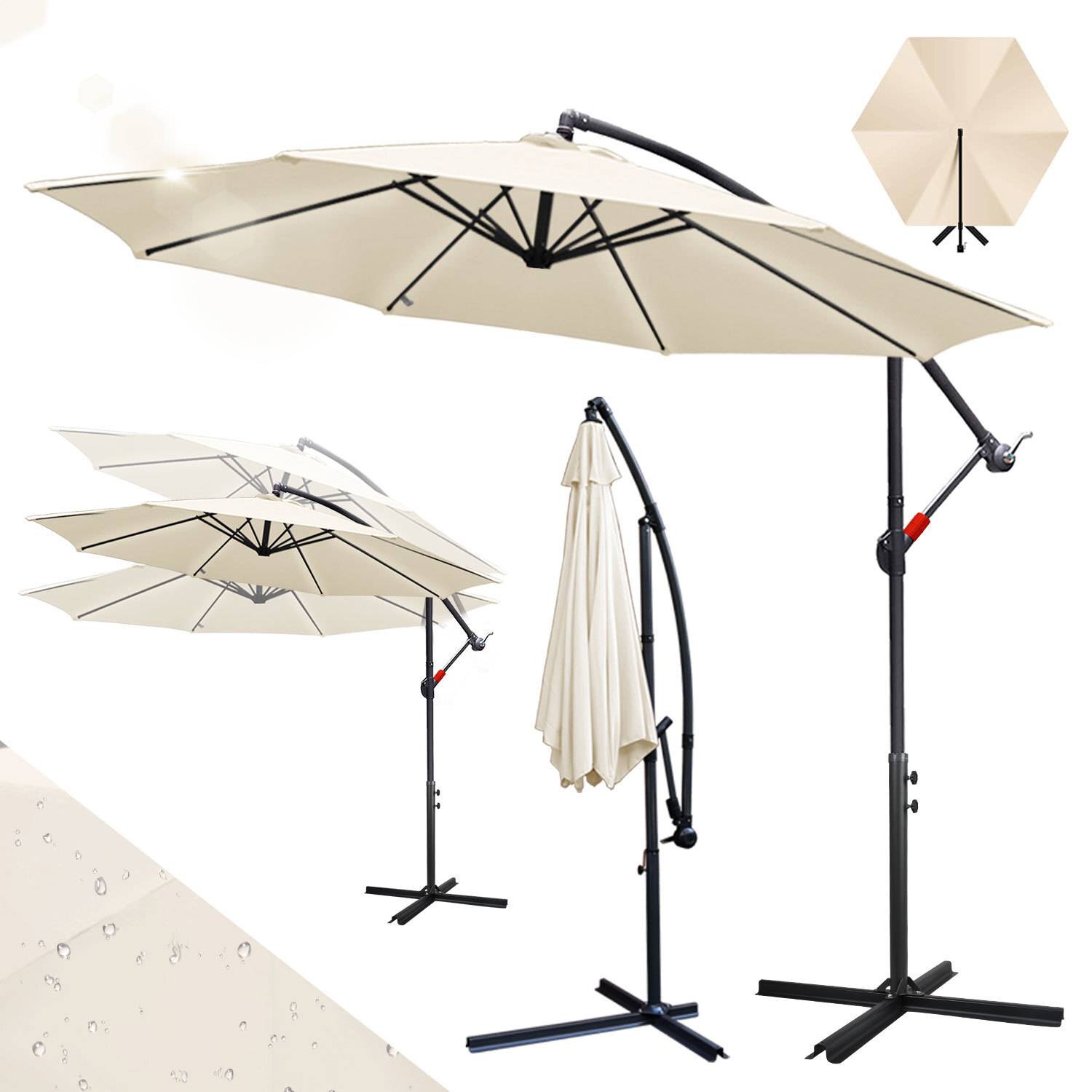 Beige Kragdachschirm mit verstellbarem Ständer, geöffnet und geschlossen dargestellt. Mit Kippvorrichtung und wasserabweisendem Stoff.