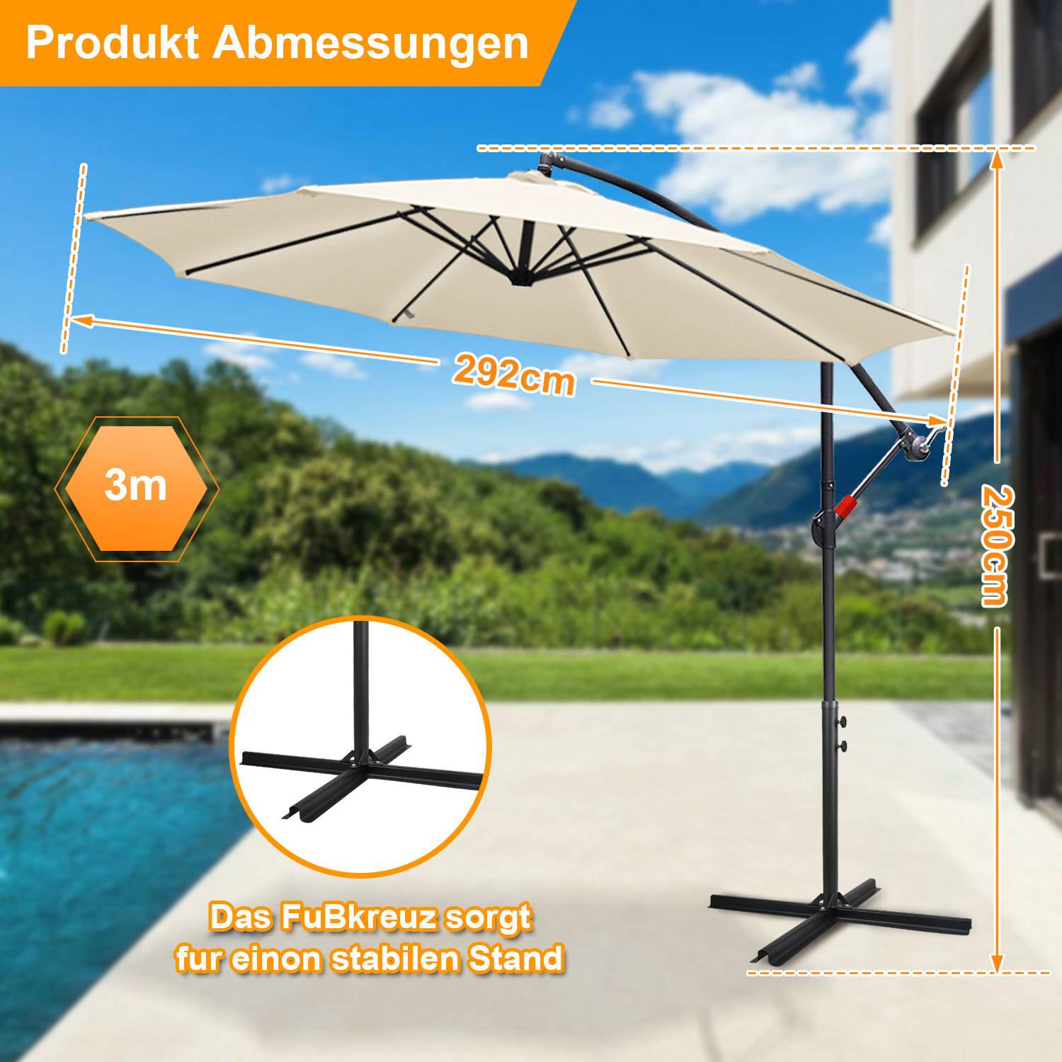 Ein Terrassenschirm mit den Abmessungen: 292cm Breite, 250cm Höhe und 3m vom Sockel. Der Text hebt eine stabile Standvorrichtung hervor.
