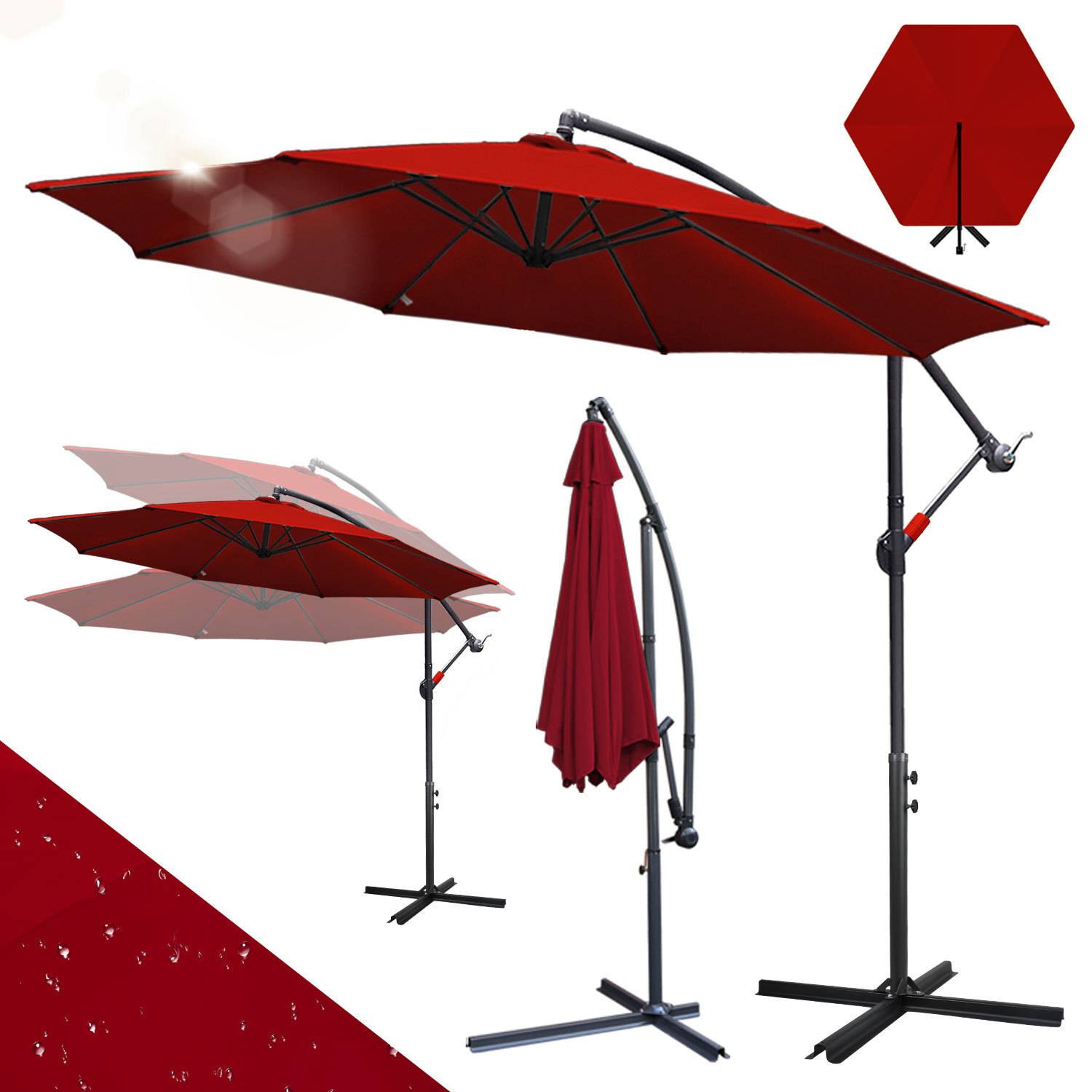 Roter Terrassenschirm in offener und geschlossener Position mit schwarzem Ständer und gebogenem Mast, geeignet für Außenschattierung.