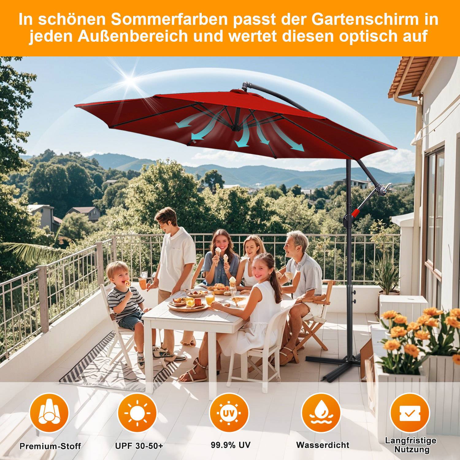 Sonnenschirm 3.5m Rot – Großer Blickfang für Garten, Terrasse & Grillabende