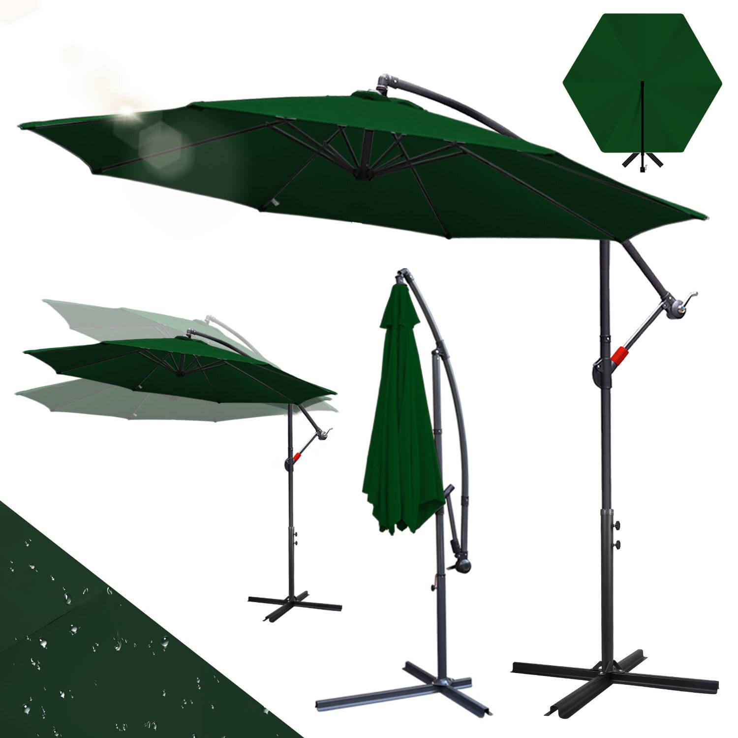 Grüner Außenschirm mit gebogenem Ständer, dargestellt offen und zusammengeklappt. Sechseckiges Dachdesign. Geeignet für die Verwendung auf der Terrasse.