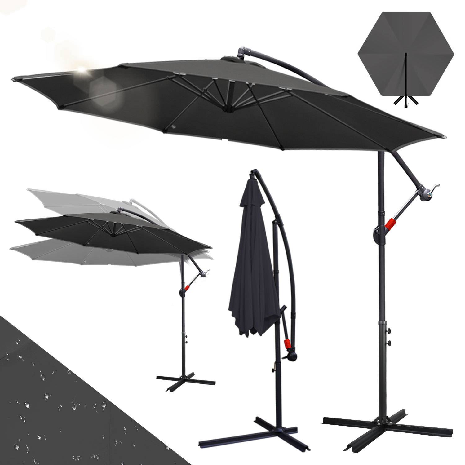 Ein schwarzer Terrassenschirm mit einem zentralen Ständer und einer Neigungsfunktion, dargestellt aus verschiedenen Winkeln und Positionen, auf weißem Hintergrund.