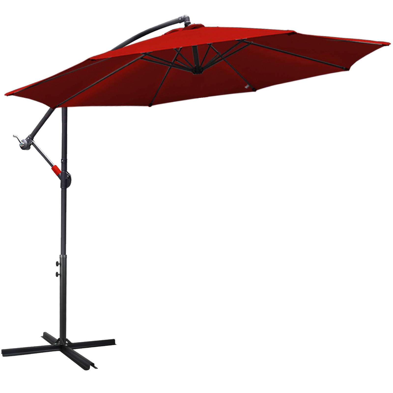 Ein roter, tragbarer Kragdachschirm mit Metallständer, entwickelt, um Schatten in Gärten oder auf Terrassen zu spenden.