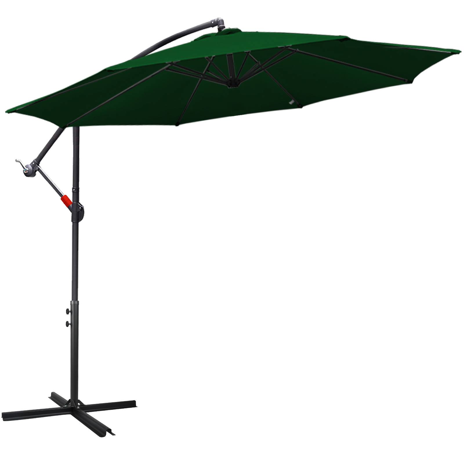 Ein großer, grüner Kragdachschirm mit einem Metallständer, auf einer ebenen Fläche positioniert und spendet Schatten.