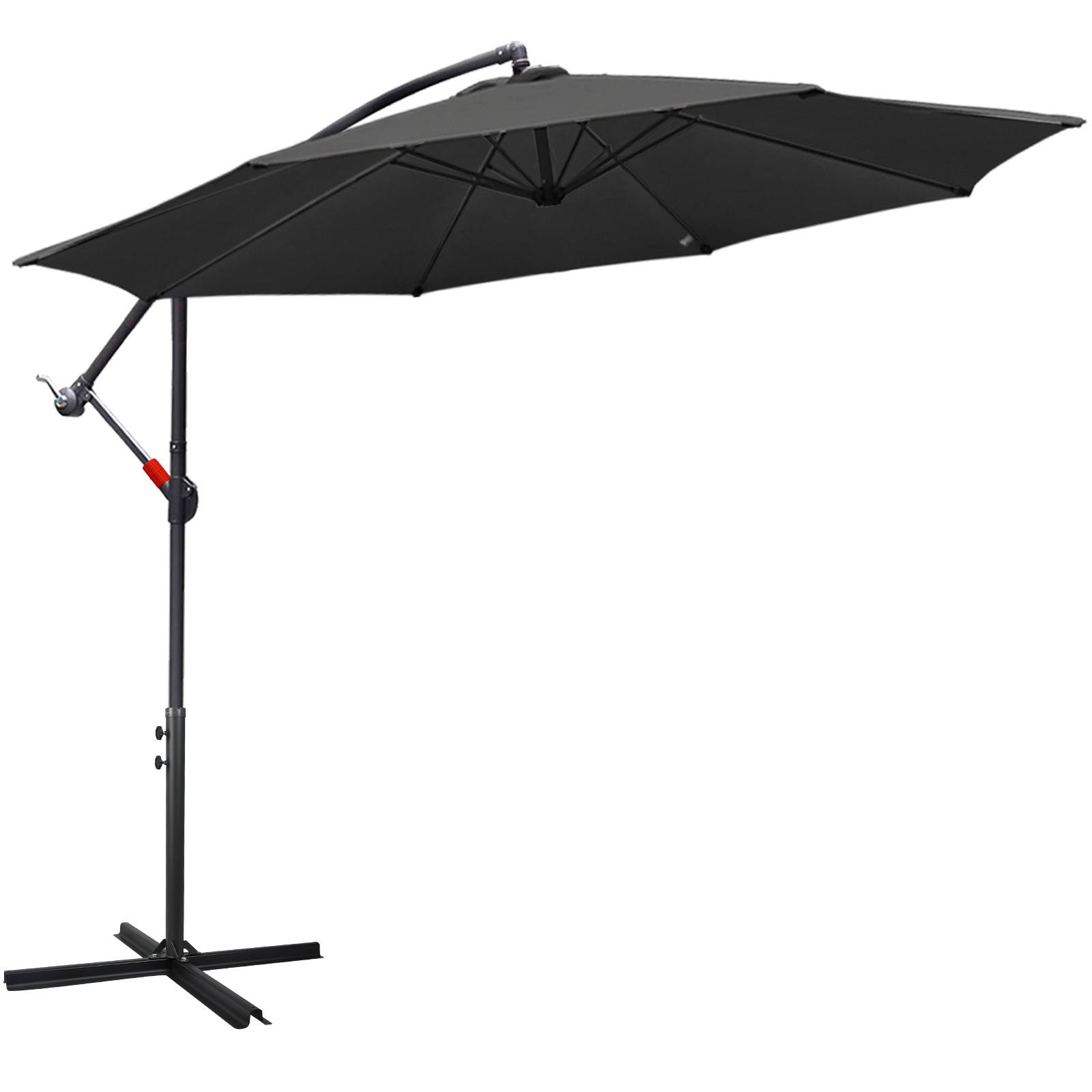 Ein großer, schwarzer Kragarmschirm mit Kreuzbasis, ideal für Außenschattierungszwecke.